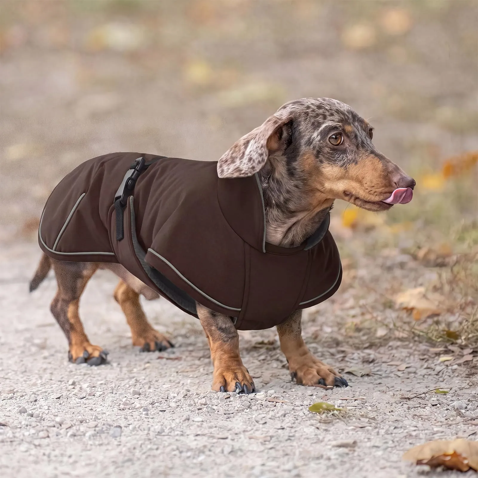 Hjyokuso Mantello invernale antivento e impermeabile per Teckel - Cappotto invernale per cani di taglia grande - Mantello invernale con protezione dell'addome e foro per il guinzaglio - Marrone scuro - immagine 6
