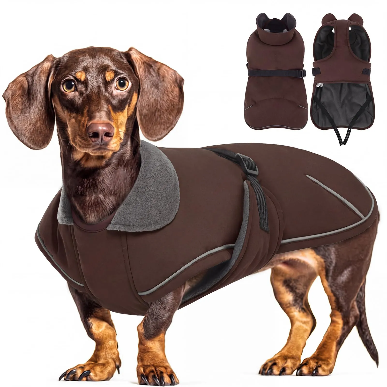 Hjyokuso - Cappotto invernale antivento e impermeabile per Teckel - Giacca invernale per cani di taglia grande - Cappotto invernale con protezione dell'addome e foro per guinzaglio - Marrone scuro - immagine 1