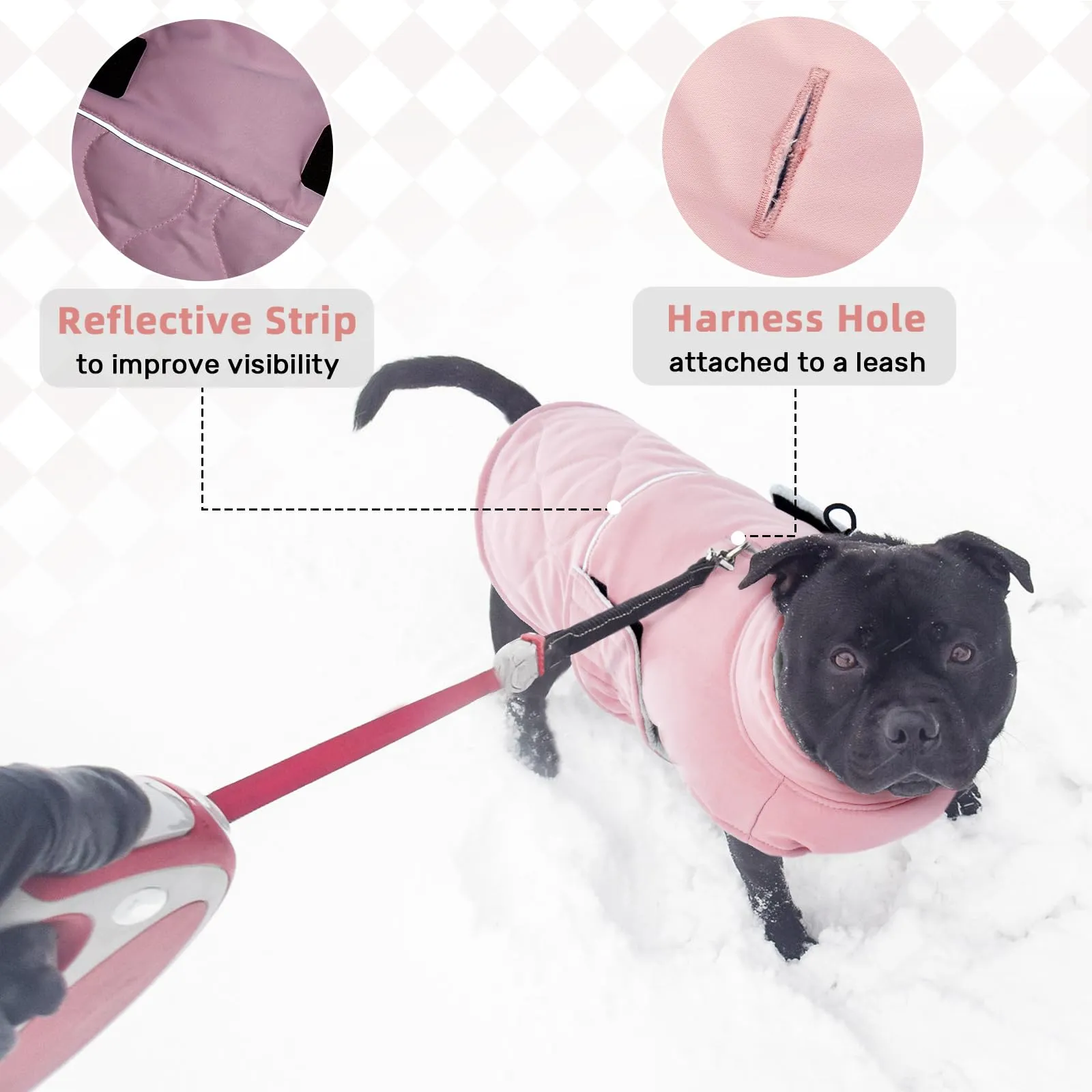 Hjumarayan Cappotto invernale per cani, foderato in pile, caldo, con foro per imbracatura, riflettente, trapuntato, impermeabile, per cani di taglia media, Border Collie (rosa, XL) - immagine 5