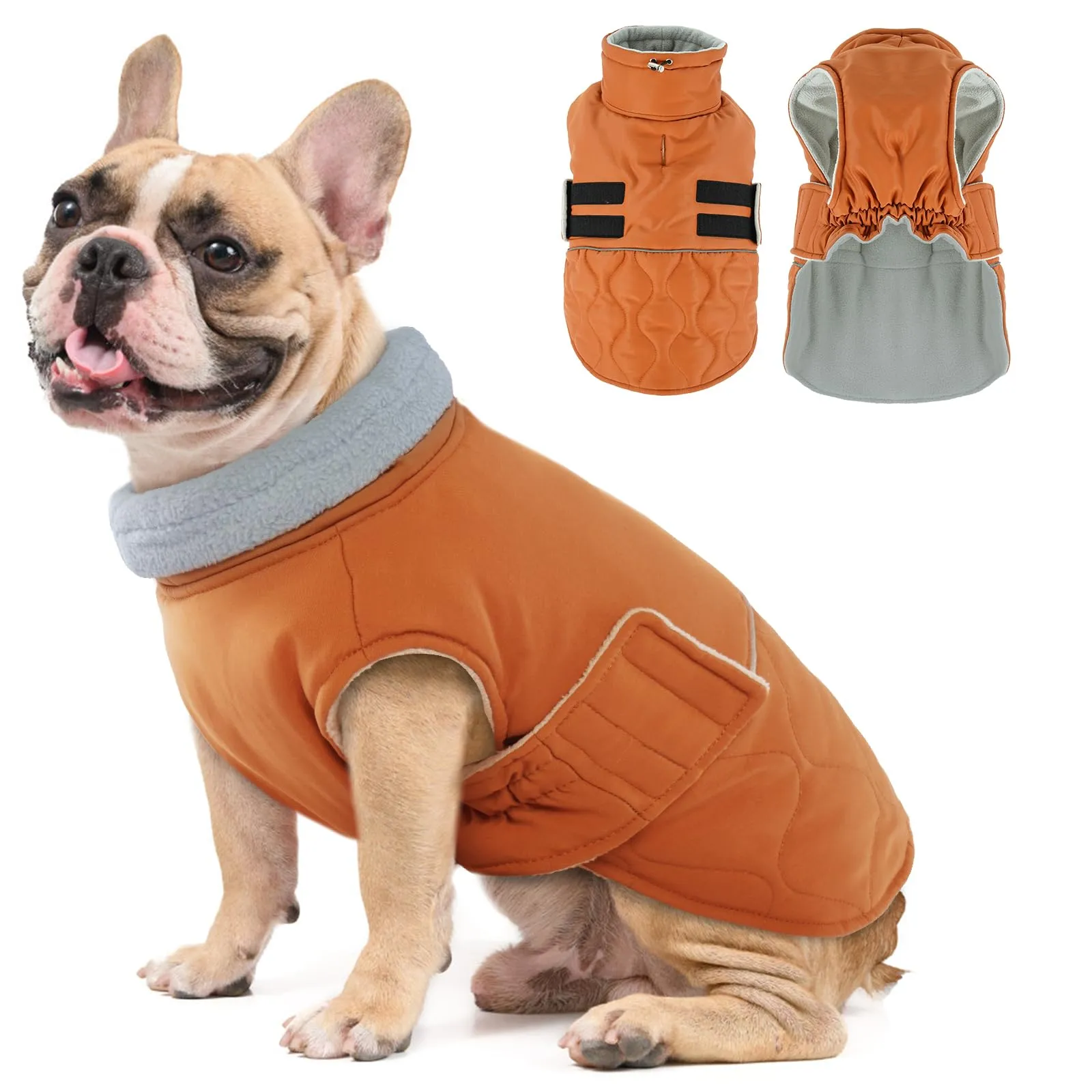 Hjumarayan Cappotto invernale per cani, giacca calda con fodera in pile con foro per pettorina, cappotto imbottito riflettente e resistente all'acqua per bulldog francese, carlino (arancione - immagine 1
