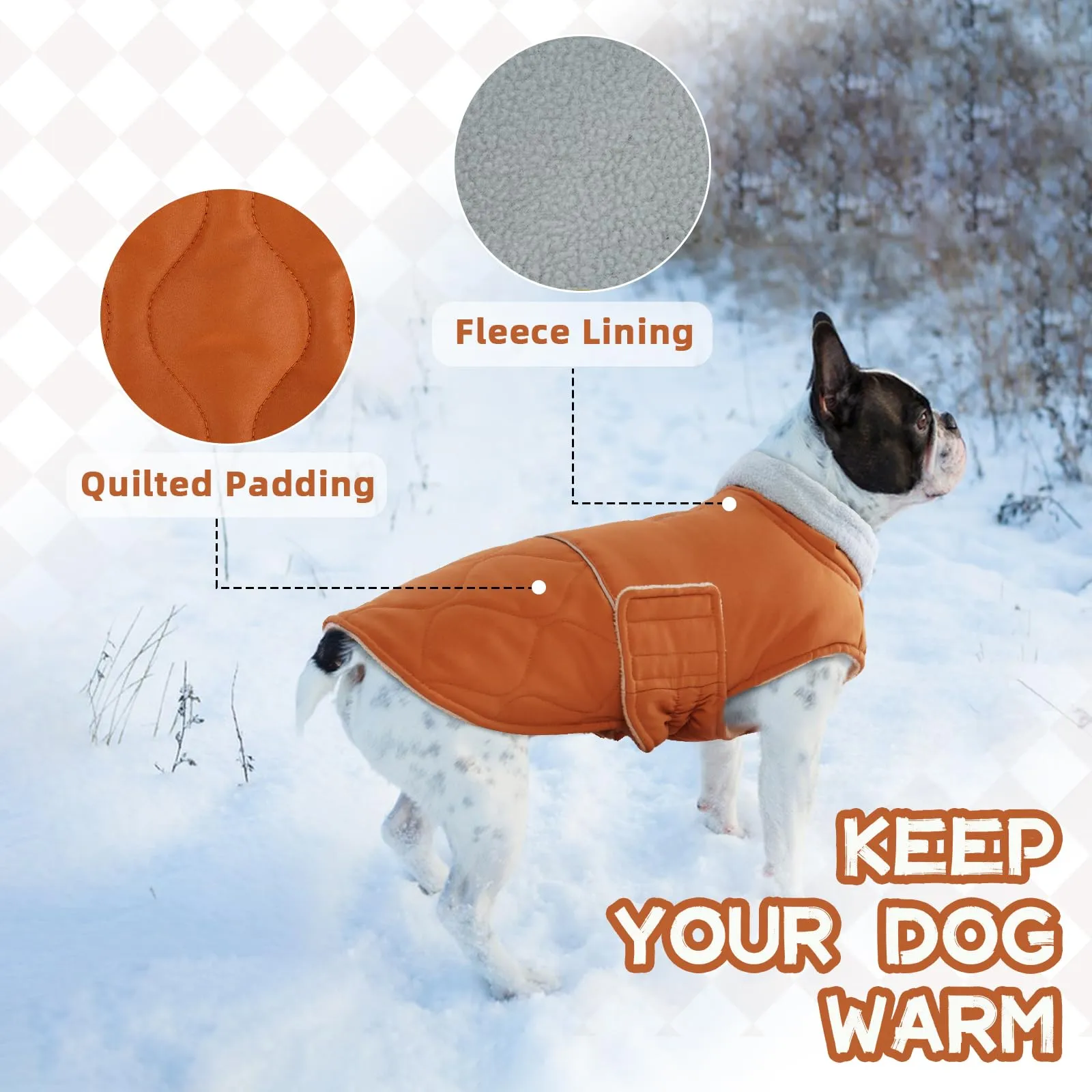 Hjumarayan Cappotto invernale per cani, giacca calda con fodera in pile con foro per pettorina, cappotto imbottito riflettente e resistente all'acqua per bulldog francese, carlino (arancione - immagine 6