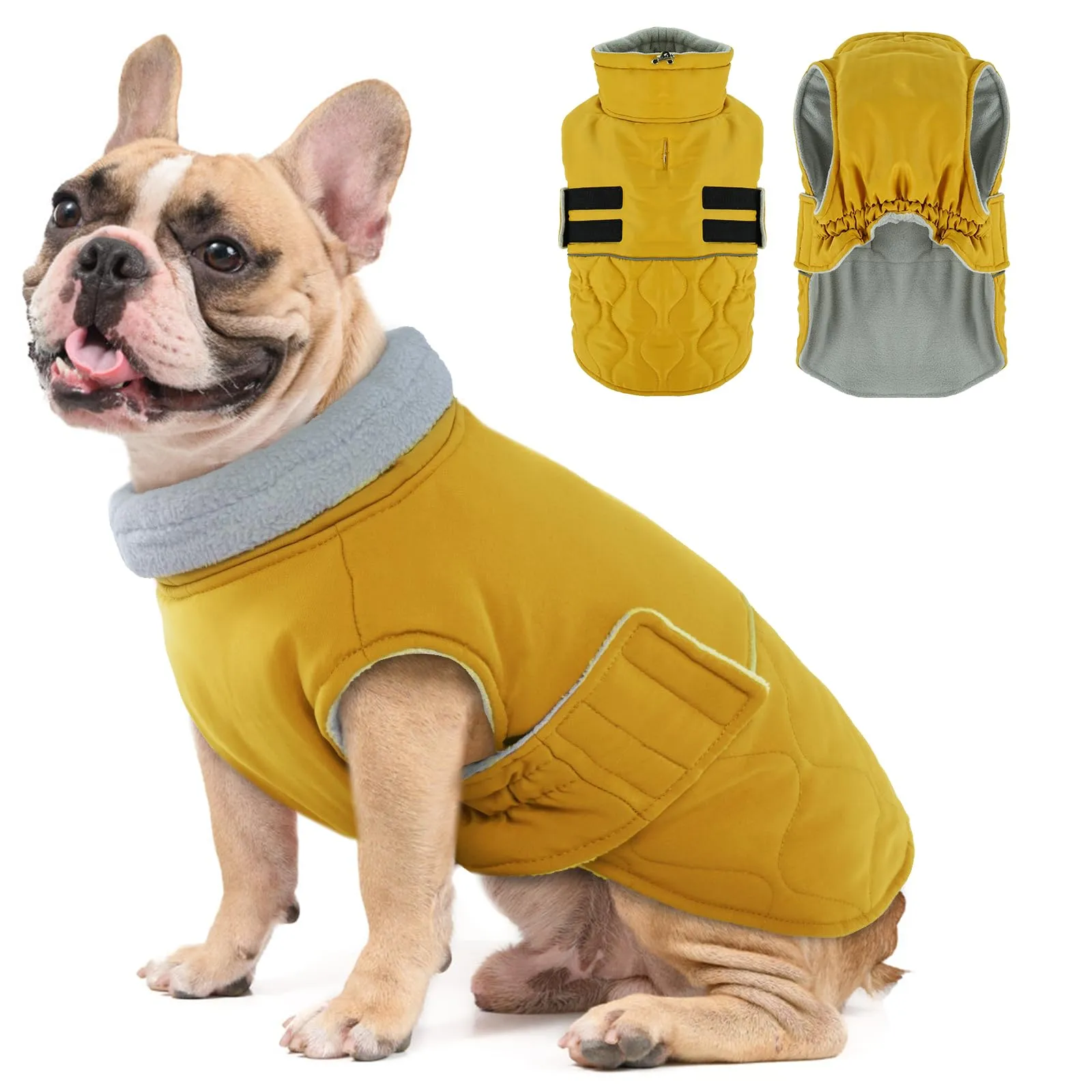 Hjumarayan Cappotto invernale per cane, giacca calda con fodera in pile con foro per pettorina, cappotto imbottito riflettente e resistente all'acqua per bulldog francese, carlino (giallo, taglia M) - immagine 1