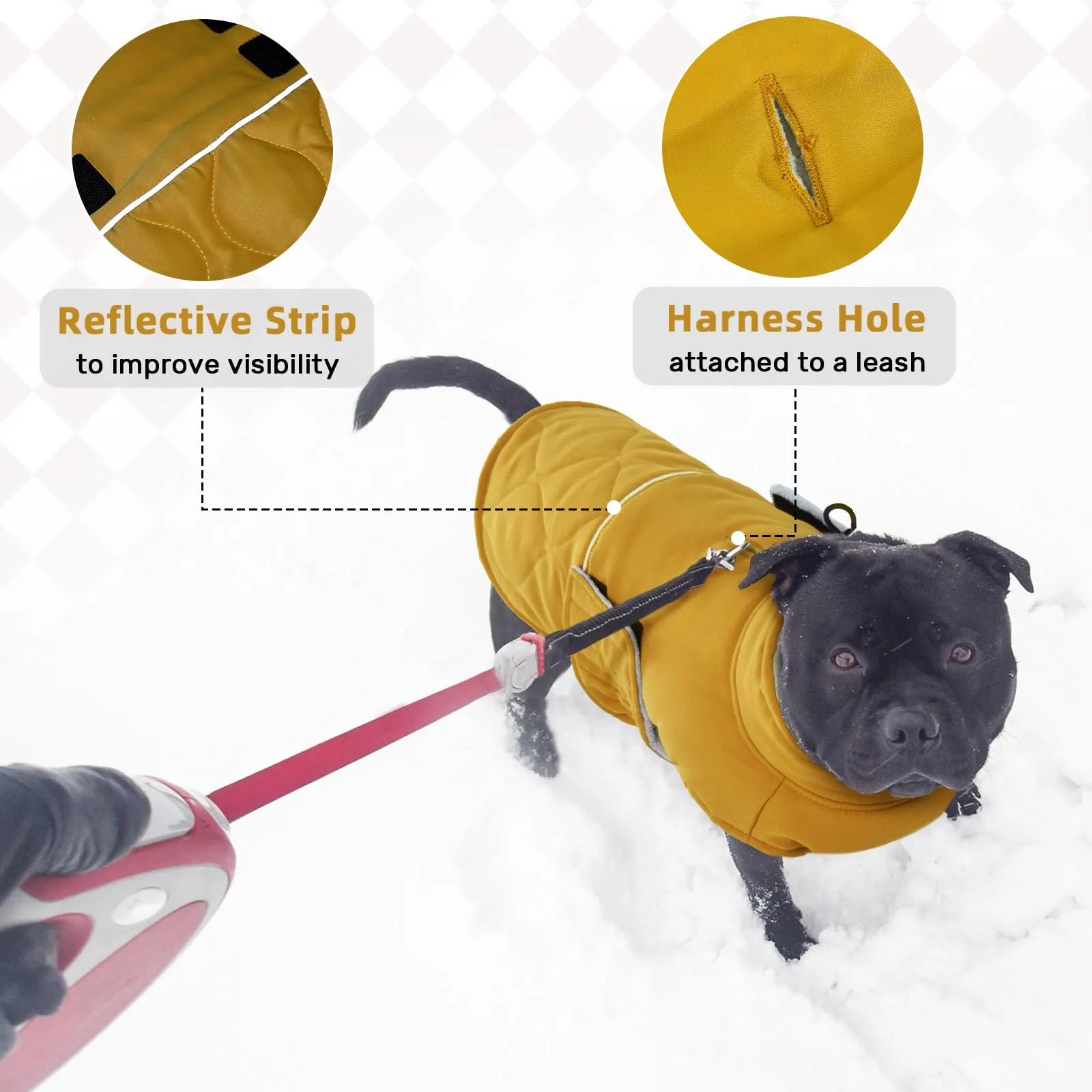 Hjumarayan Cappotto invernale per cane, giacca calda con fodera in pile con foro per pettorina, cappotto imbottito riflettente e resistente all'acqua per bulldog francese, carlino (giallo, taglia M) - immagine 5