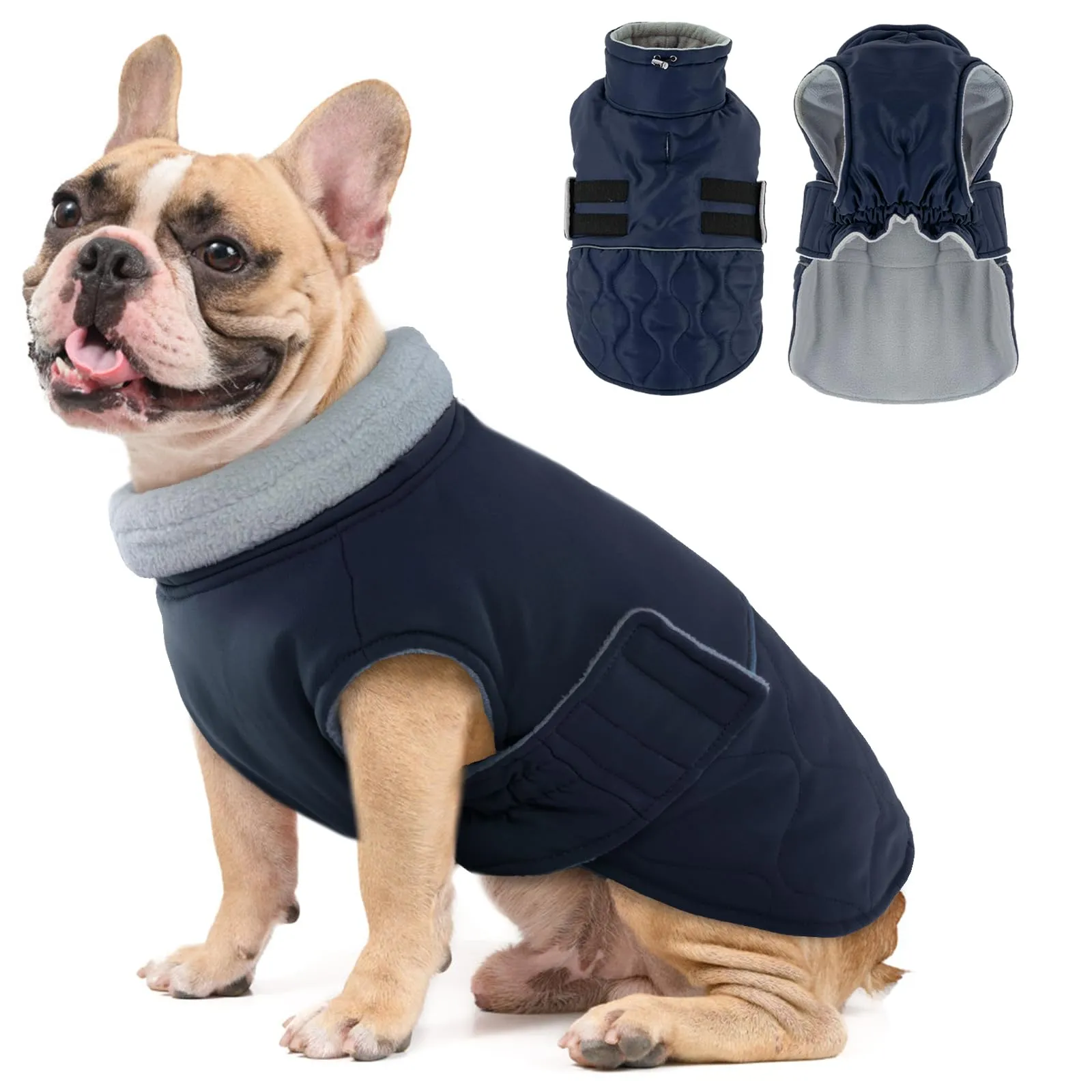 Hjumarayan Cappotto invernale per cani, foderato in pile, caldo, con foro per imbracatura, riflettente, trapuntato, impermeabile, per bulldog francese, carlino (blu scuro, M) - immagine 1