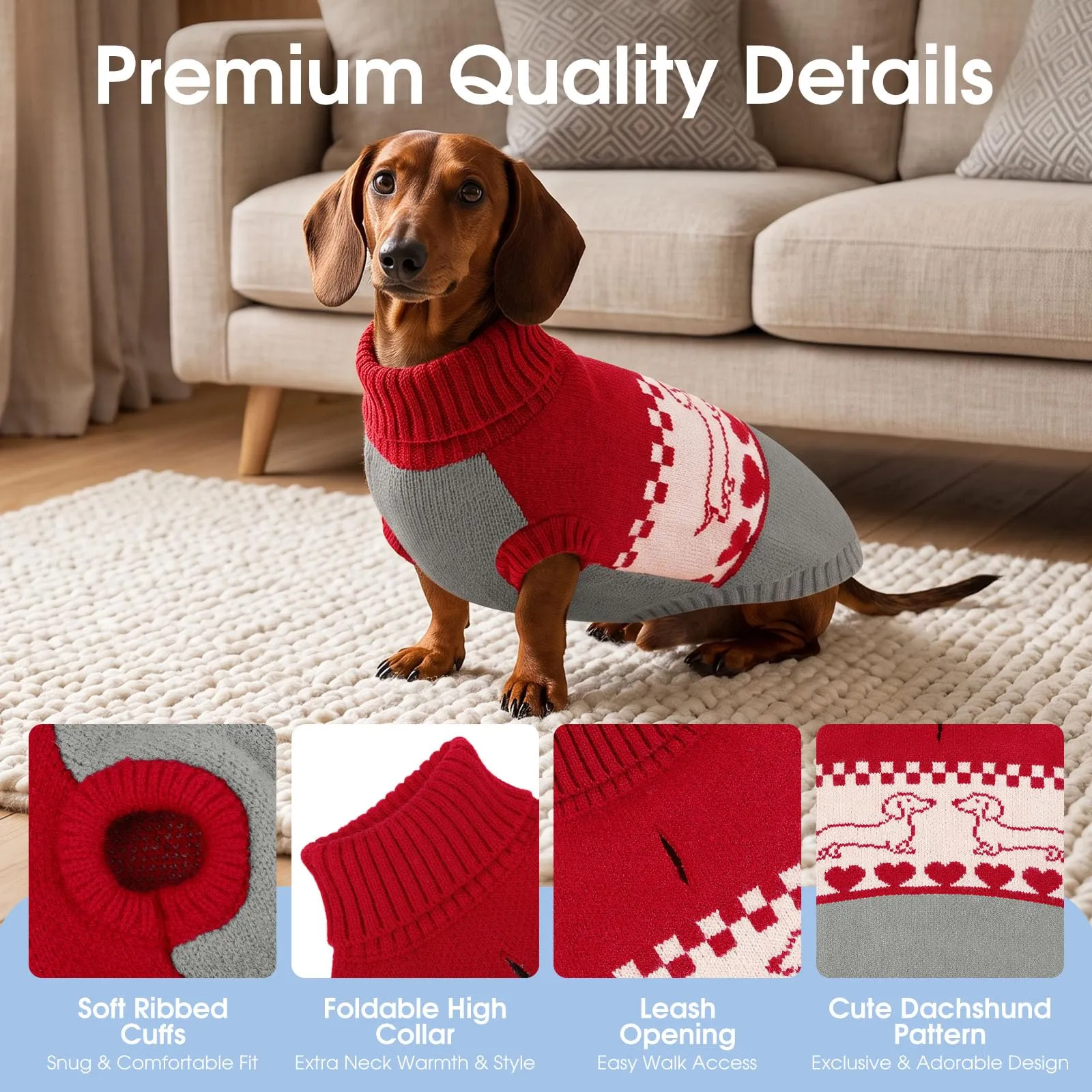 CITÉTOILE Maglione per Cani a Maglia Motivo Bassotto Rosso S - immagine 2
