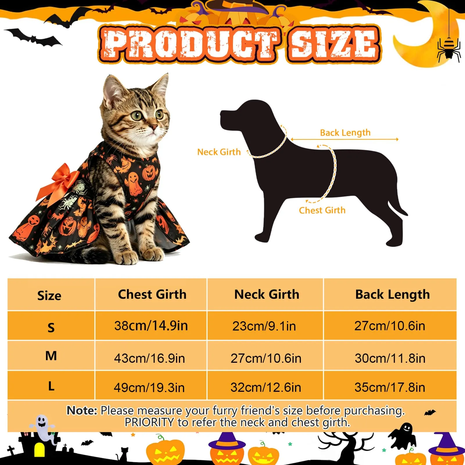 Pwsap Cane Gatto Costume Halloween Vestito Zucca Fantasma Pipistrello, M - immagine 7