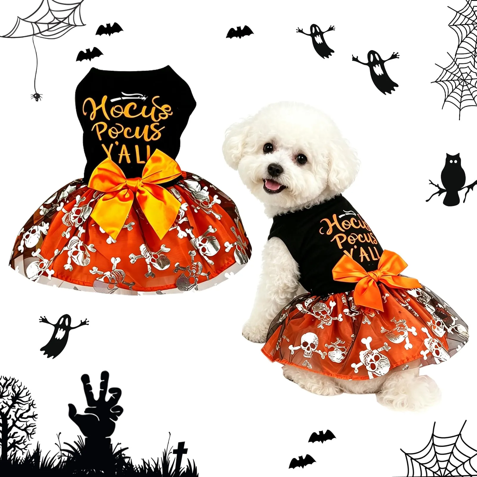 Pwsap Cane Gatto Costume Halloween Teschio Gonna di Tulle Tutu Abito, M - immagine 2
