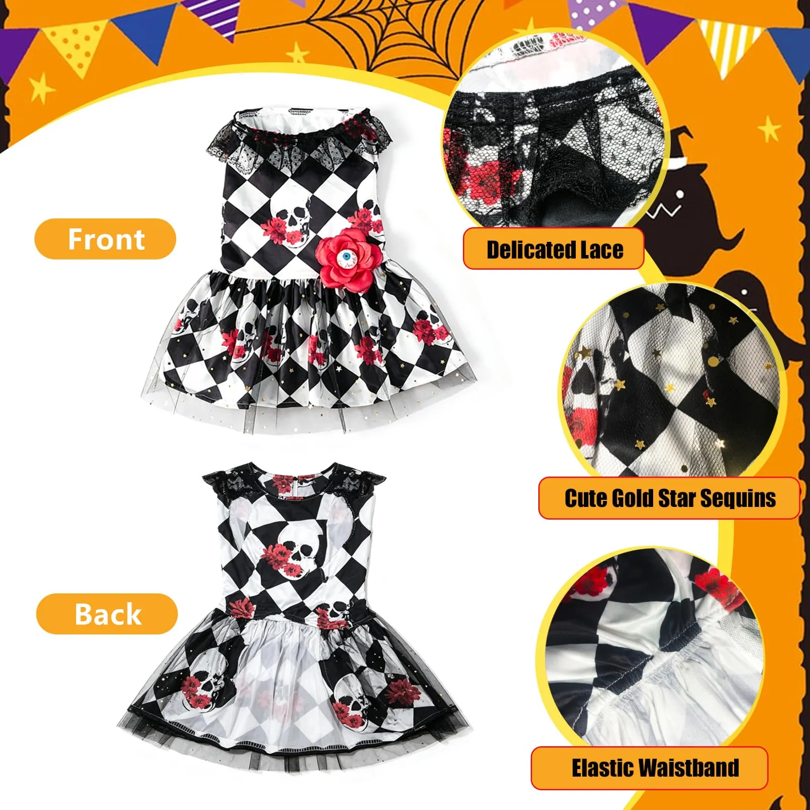 Pwsap Cane Gatto Costume Halloween, Teschio Rosa Gonna Tulle Tutu Abito, S - immagine 6