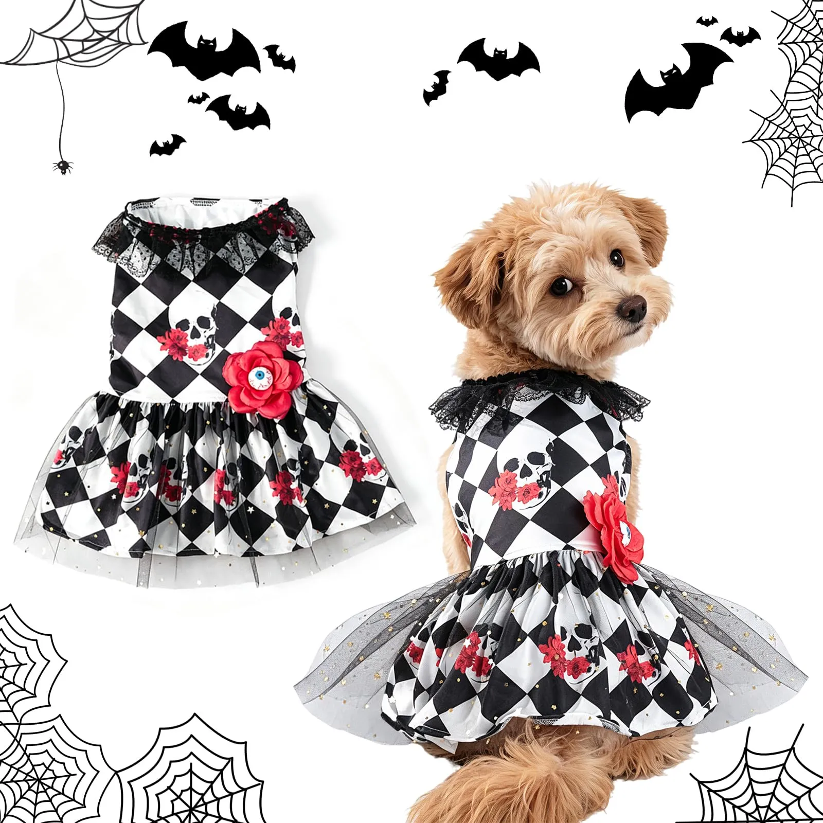 Pwsap Cane Gatto Costume Halloween, Teschio Rosa Gonna Tulle Tutu Abito, M - immagine 1