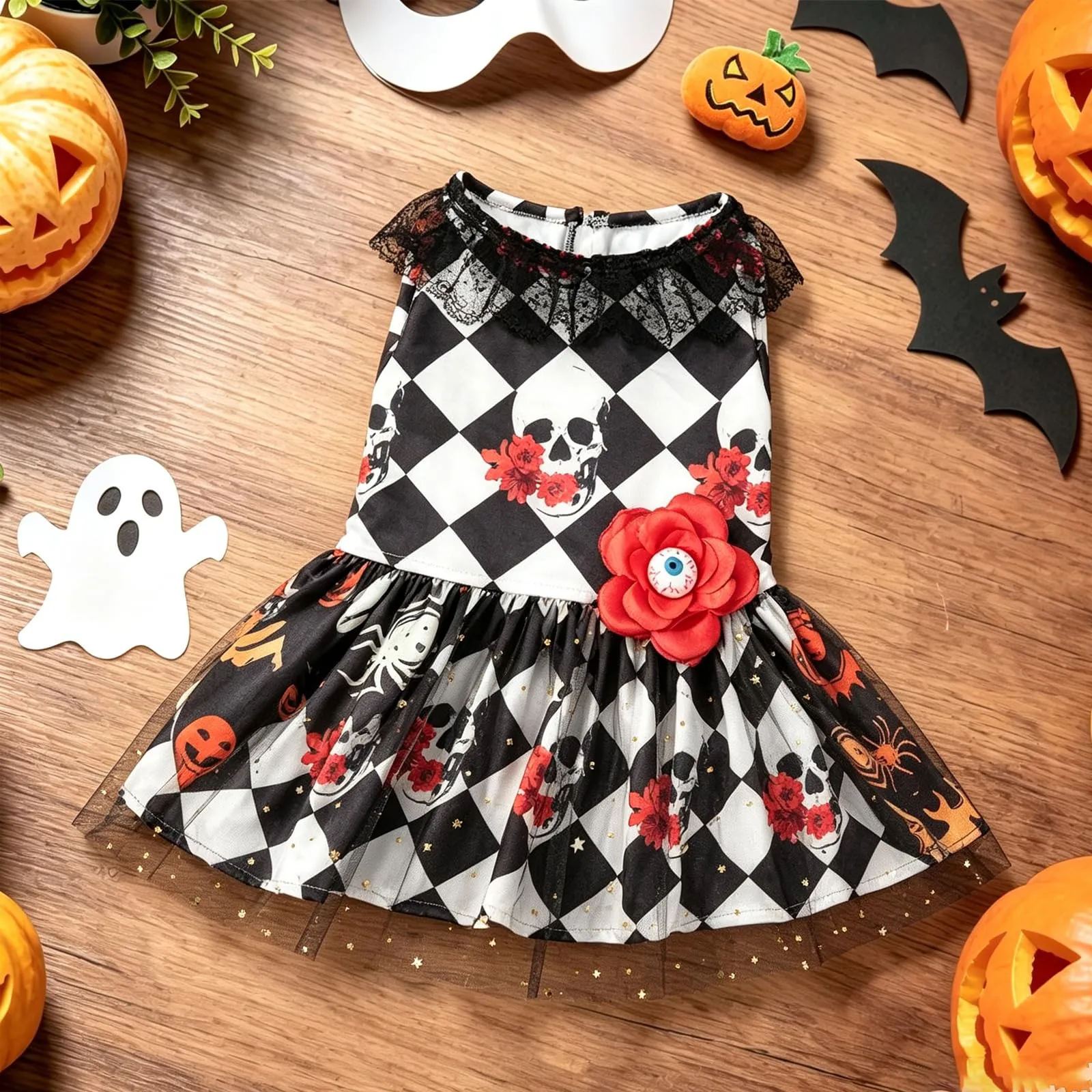 Pwsap Cane Gatto Costume Halloween, Teschio Rosa Gonna Tulle Tutu Abito, M - immagine 2