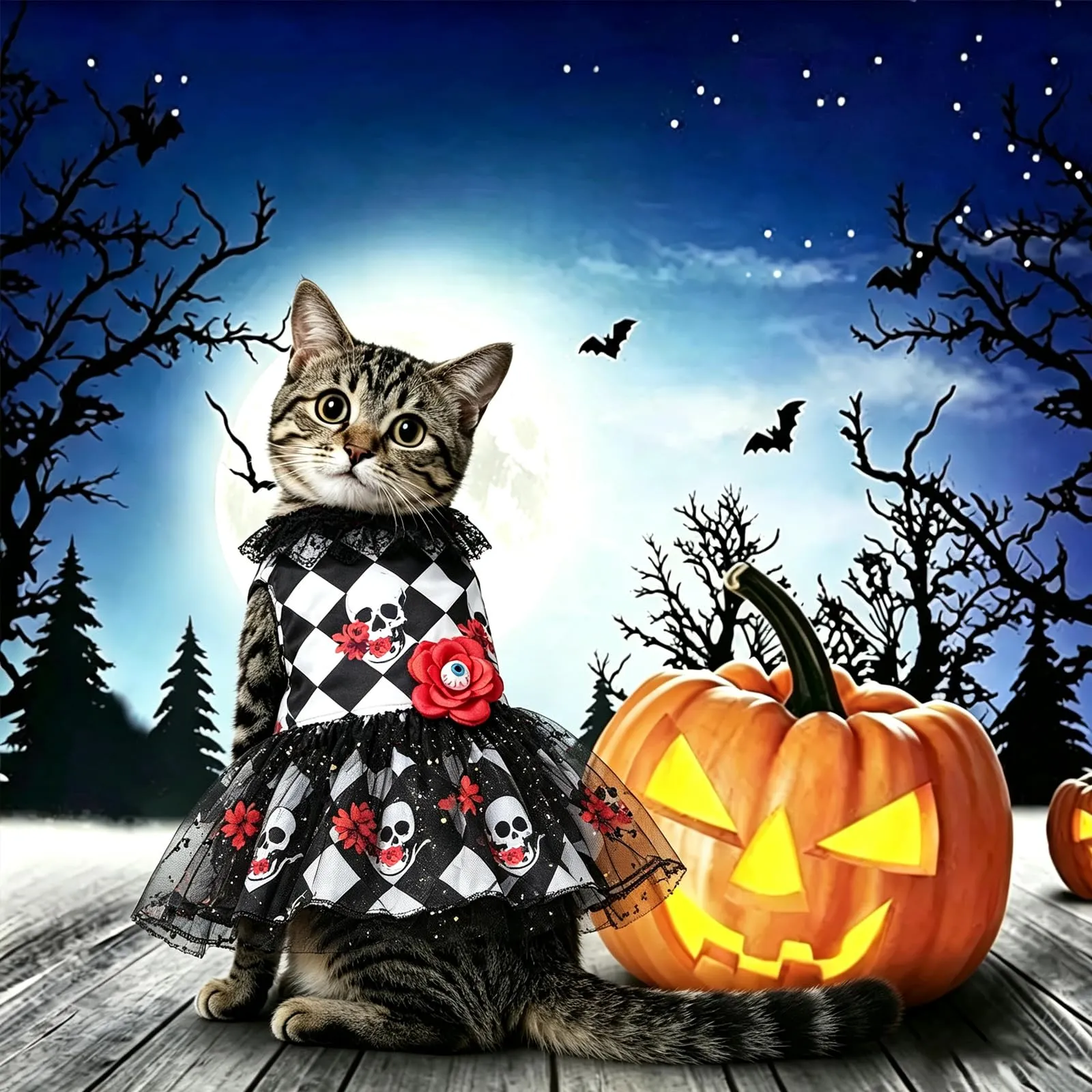 Pwsap Cane Gatto Costume Halloween, Teschio Rosa Gonna Tulle Tutu Abito, M - immagine 8