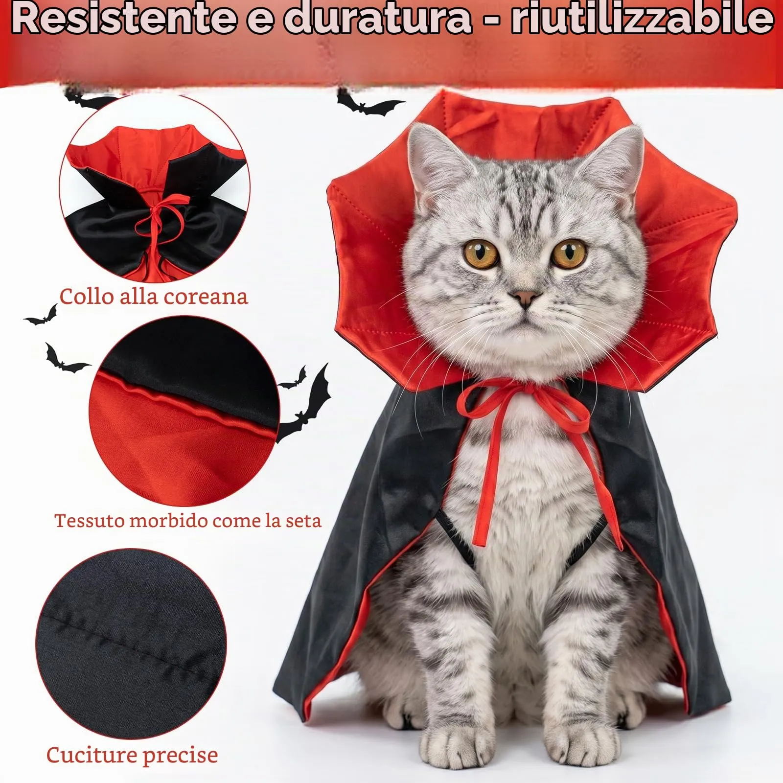 QEEYON Mantello da Vampiro - Costume di Halloween per Cani e Gatti, S - immagine 4