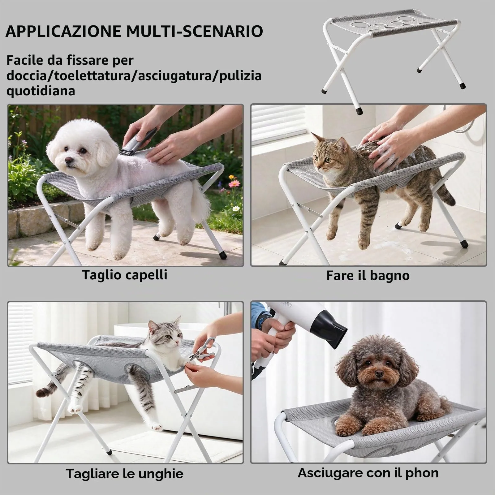 Amaca per Toelettatura Cani Grigia, Pieghevole con Supporto - immagine 7