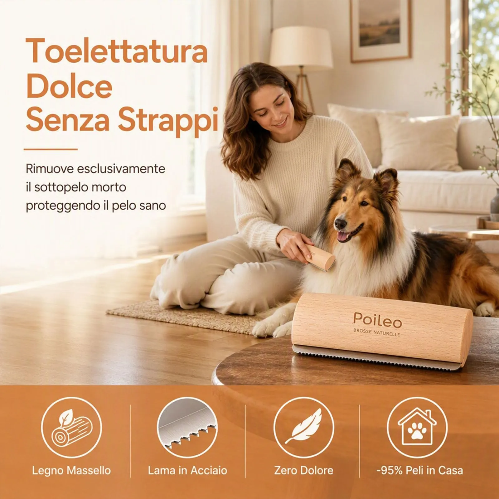 Poileo Spazzola Cani – Spazzola per Peli Morti per Cani, Gatti e Cavalli, Rimuove il Sottopelo in Modo Delicato, Adatta a Tutti i Tipi di Manto, 3 Misure Disponibili (Medio) - immagine 3