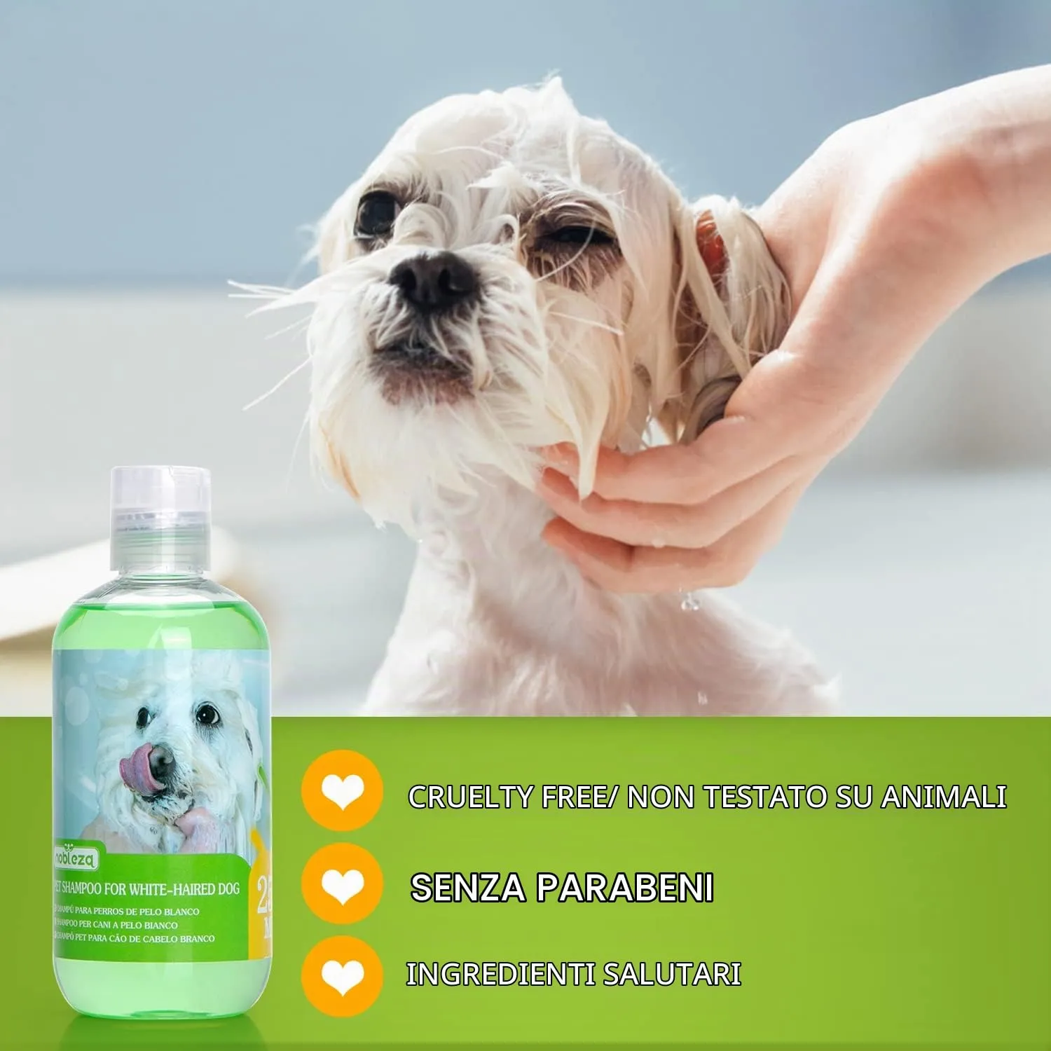 Nobleza Shampoo cani bianchi, shampoo per cani pelo bianco - eliminare macchie in modo sicuro, No Candeggina o Perossido, shampoo per maltese, Bichon e Schnauzer Fragranza Arancio 250ml - immagine 2