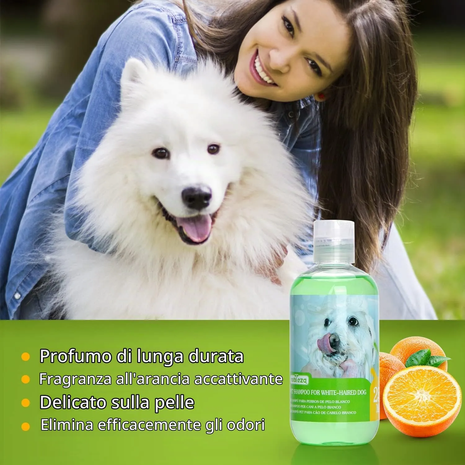 Nobleza Shampoo cani bianchi, shampoo per cani pelo bianco - eliminare macchie in modo sicuro, No Candeggina o Perossido, shampoo per maltese, Bichon e Schnauzer Fragranza Arancio 250ml - immagine 3