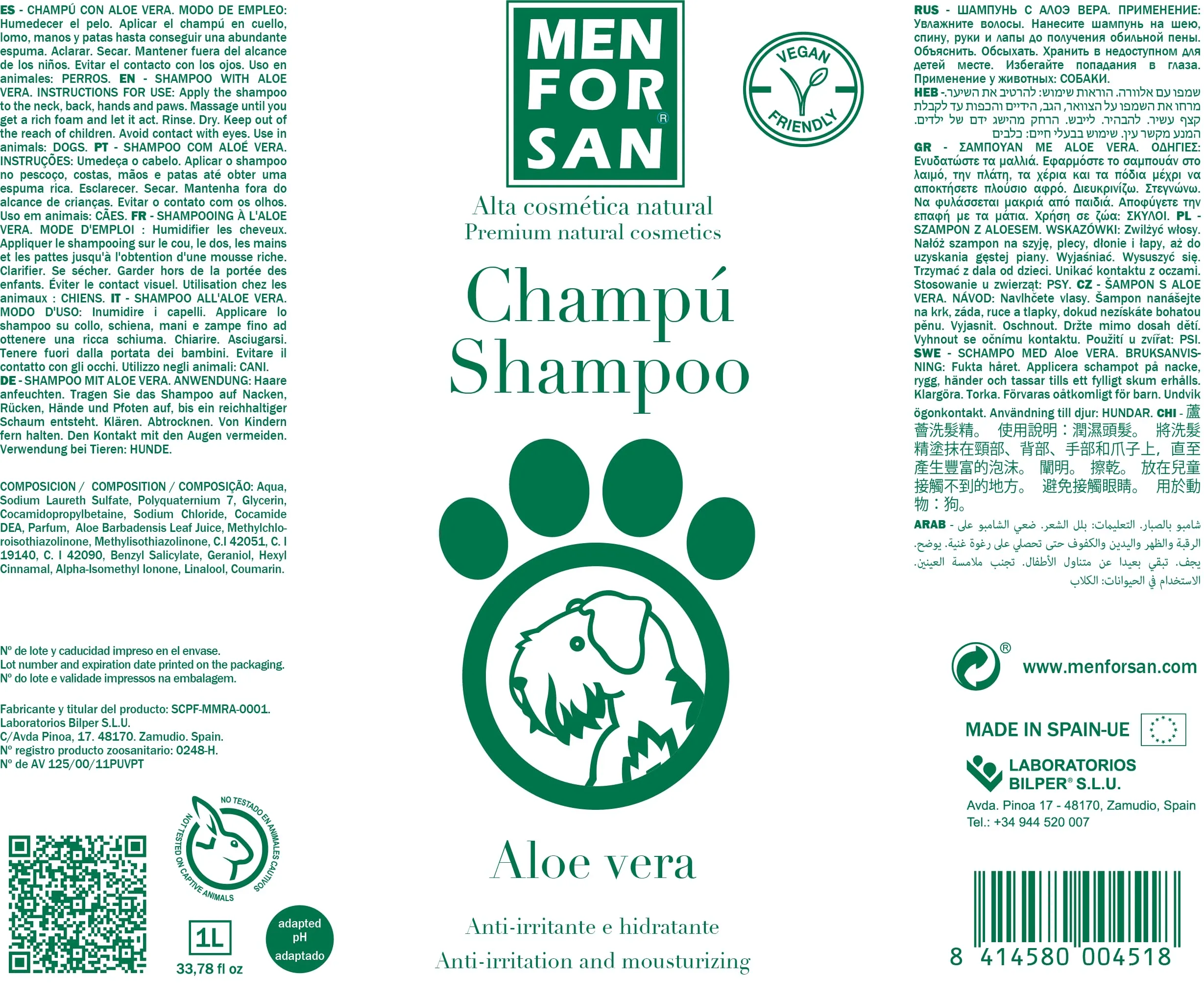 Shampoing pour animaux de compagnie Menforsan Chien Aloe Vera (1000 ml) - immagine 2