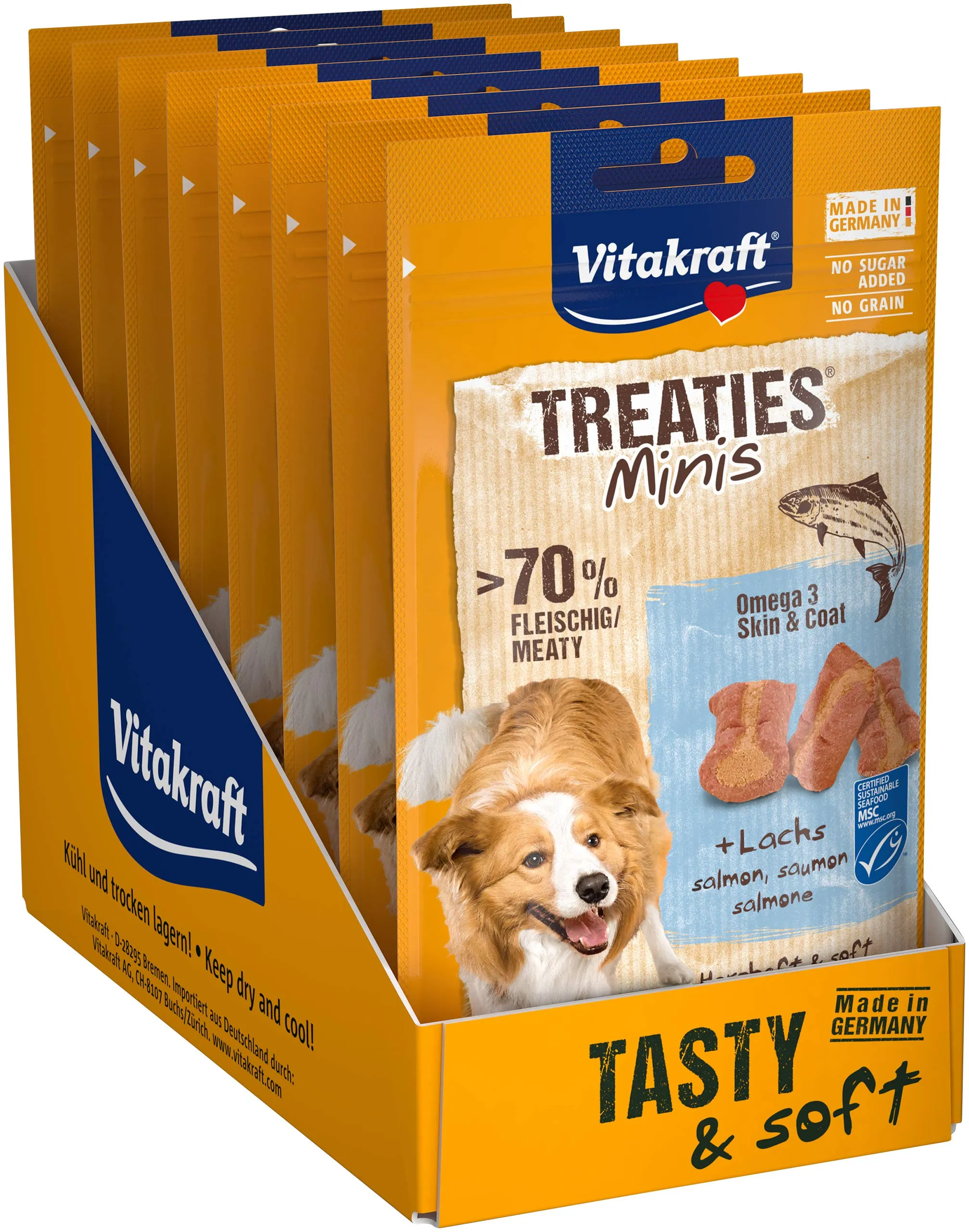 Vitakraft Treaties Minis, leccornie per cani, con salmone, omega 3, per l'addestramento, per premiare, in formato convenienza (8x 48g) - immagine 1