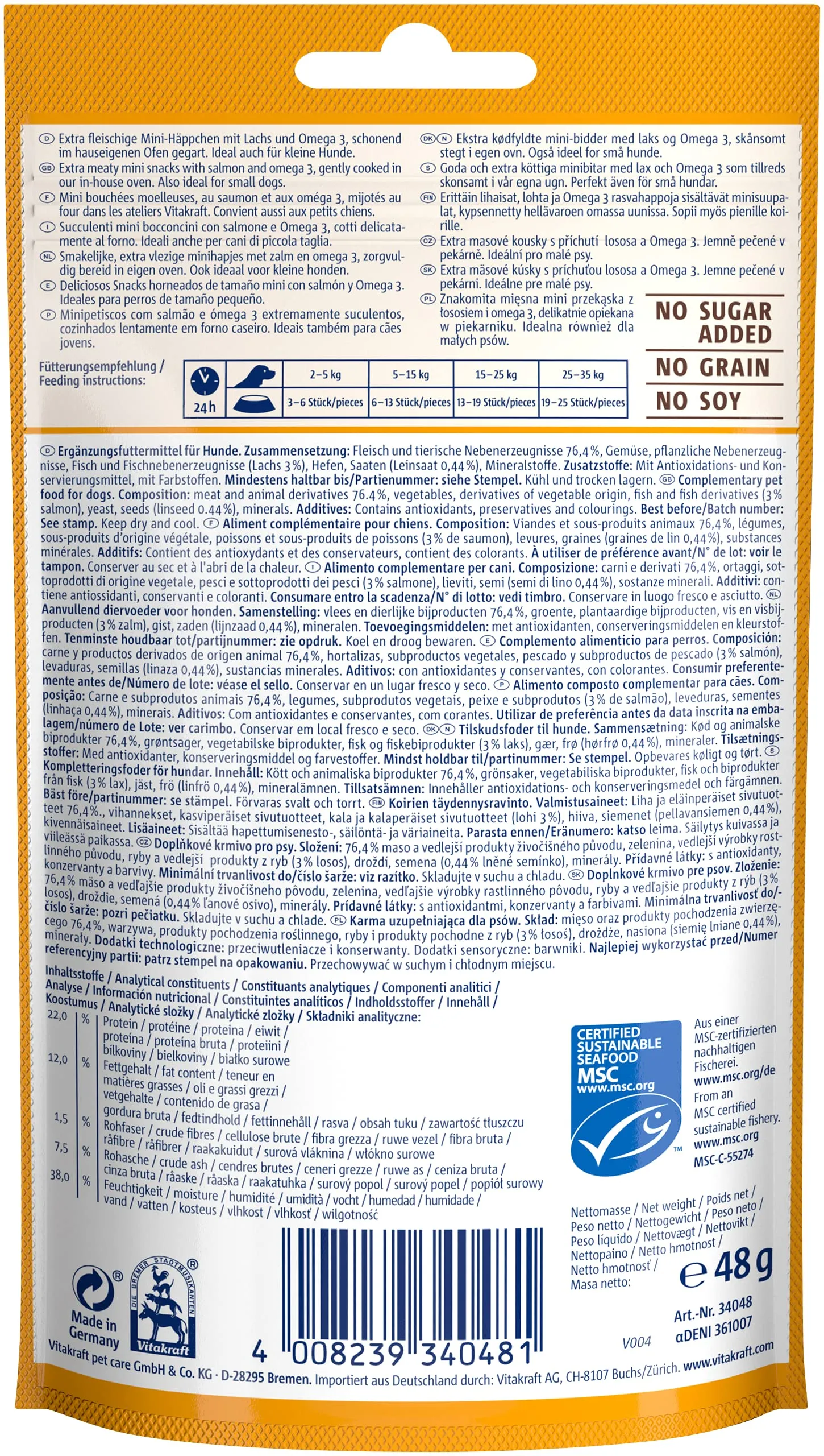 Vitakraft Treaties Minis, leccornie per cani, con salmone, omega 3, per l'addestramento, per premiare, in formato convenienza (8x 48g) - immagine 3