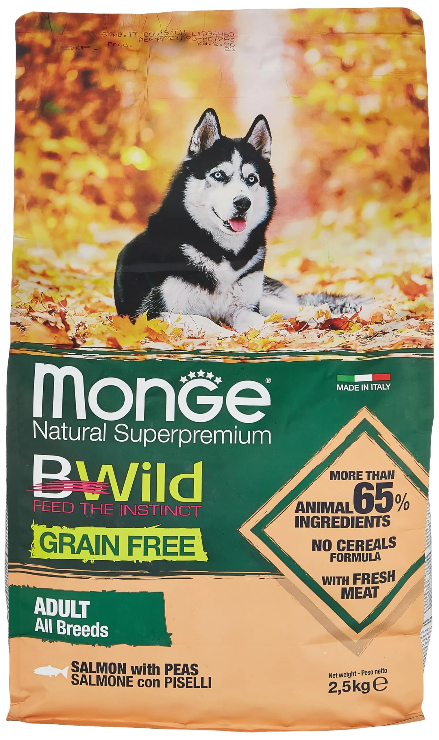 Monge BWILD ADULT SALMON AND PEAS, cibo per cani per tutte le razze (cibo secco per cani con salmone e piselli, cibo secco per cani con pochi cereali, ricco di fibre e vitamine, contenuto: 2,5 kg) - immagine 1
