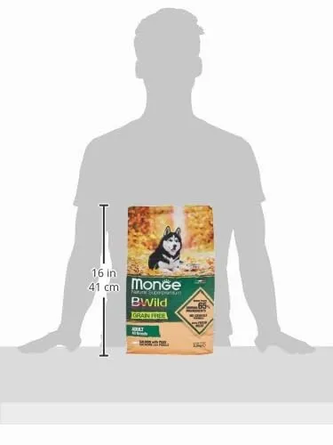 Monge BWILD ADULT SALMON AND PEAS, cibo per cani per tutte le razze (cibo secco per cani con salmone e piselli, cibo secco per cani con pochi cereali, ricco di fibre e vitamine, contenuto: 2,5 kg) - immagine 4