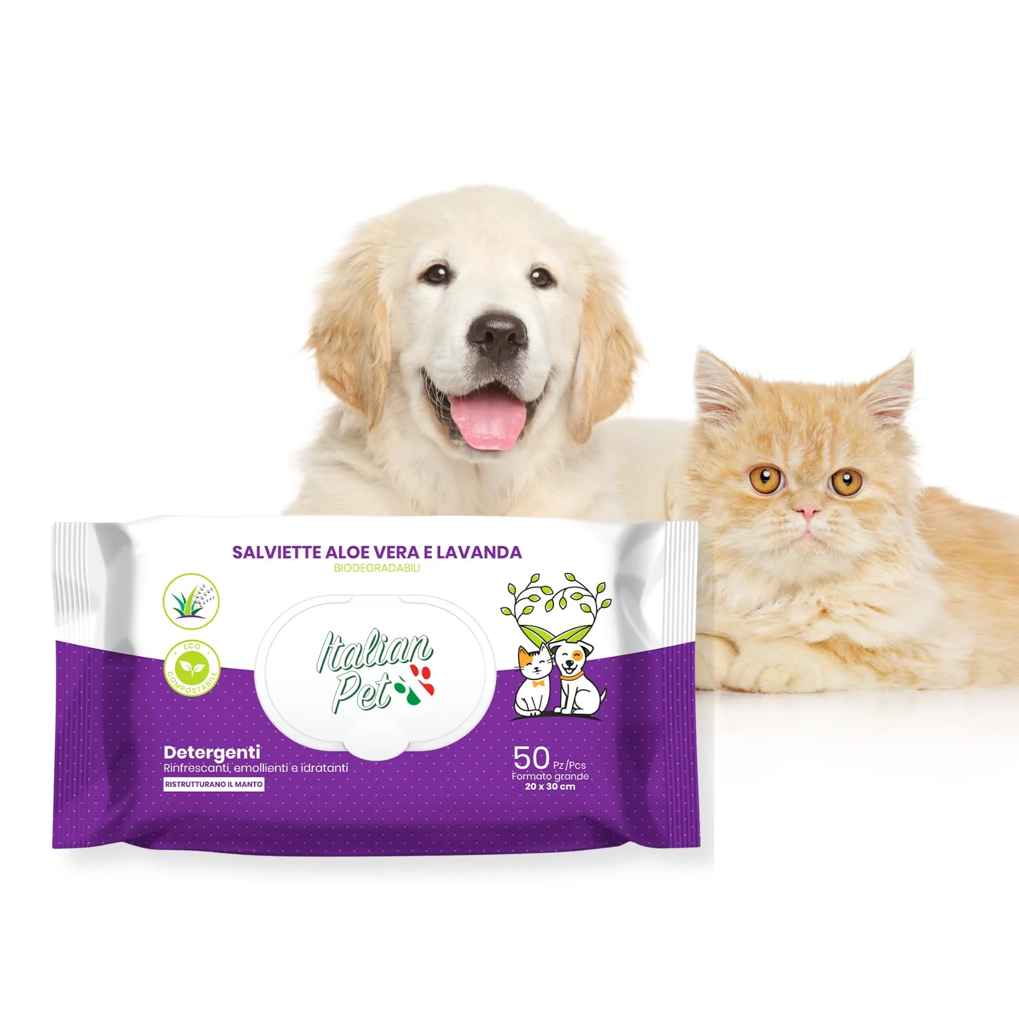 Italian Pet - Salviette Biodegradabili Aloe Vera e Lavanda - Salviette Detergenti Umidificate per Zampe, Muso e Pelo di Cani, Gatti, Conigli, Animali Domestici - 50 Salviette BIO Monouso - 20x30 cm - immagine 1