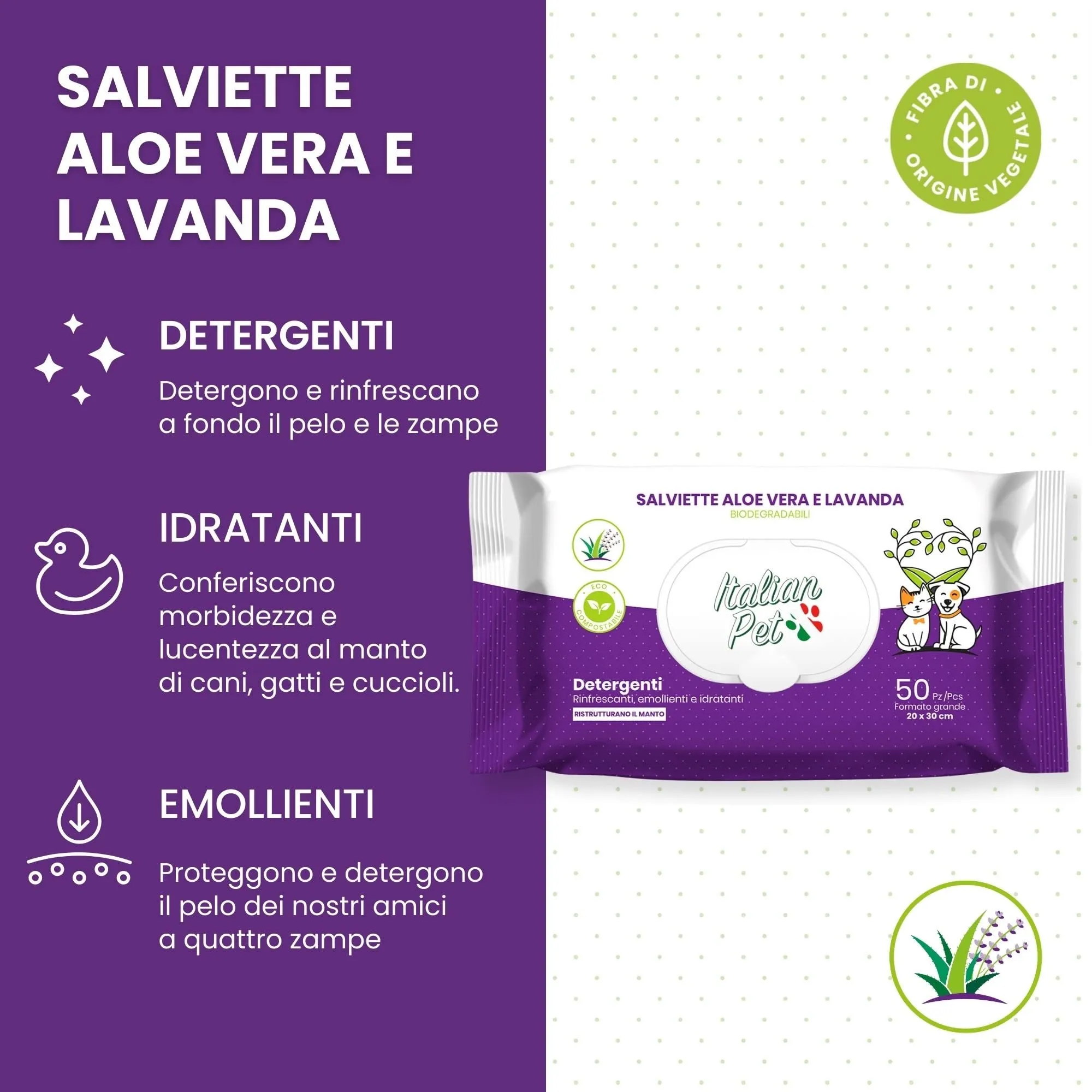 Italian Pet - Salviette Biodegradabili Aloe Vera e Lavanda - Salviette Detergenti Umidificate per Zampe, Muso e Pelo di Cani, Gatti, Conigli, Animali Domestici - 50 Salviette BIO Monouso - 20x30 cm - immagine 4