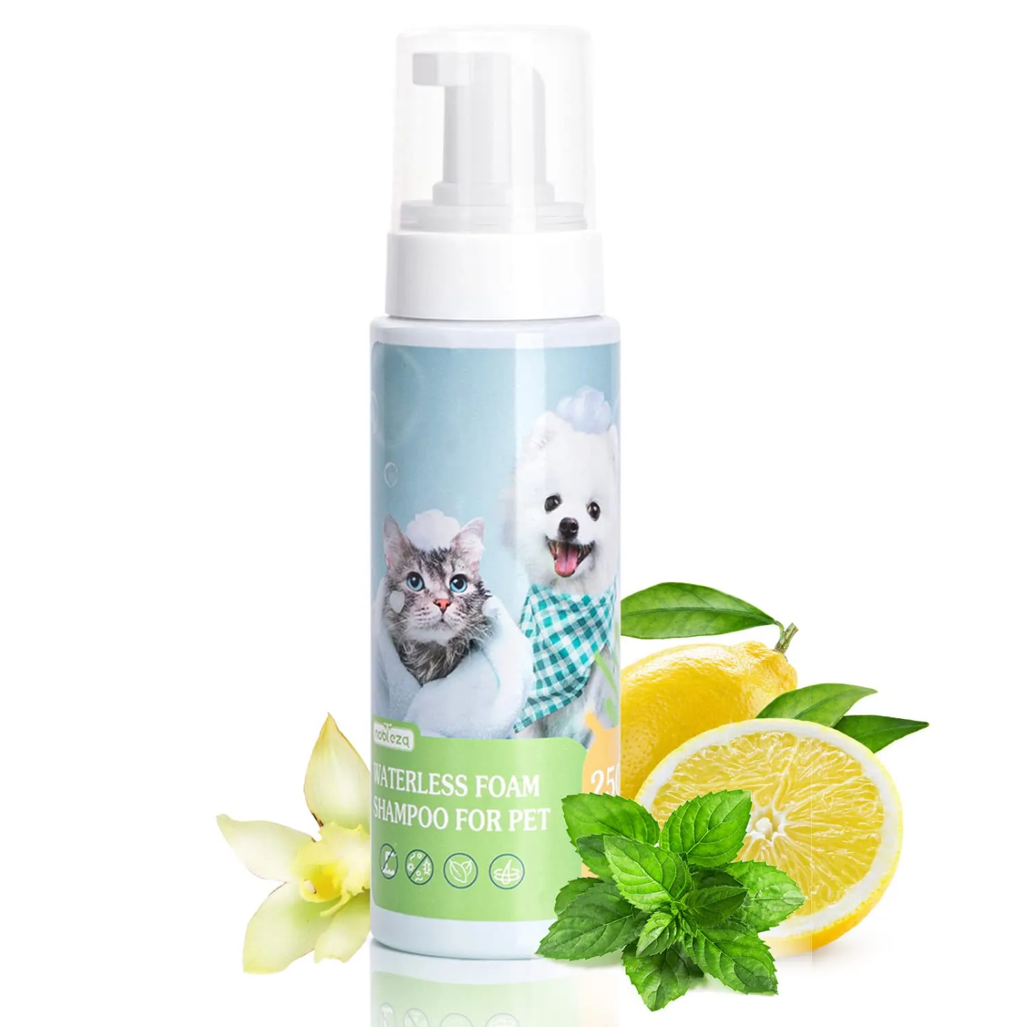 Nobleza Shampoo a Secco per Cani e Gatti e Coniglio,Adatto per Animali con Bassa Resistenza: Gattini,Cuccioli,Ipoallergenico Shampoo Mousse Al profumo di Limone e Vaniglia(250ml) - immagine 1