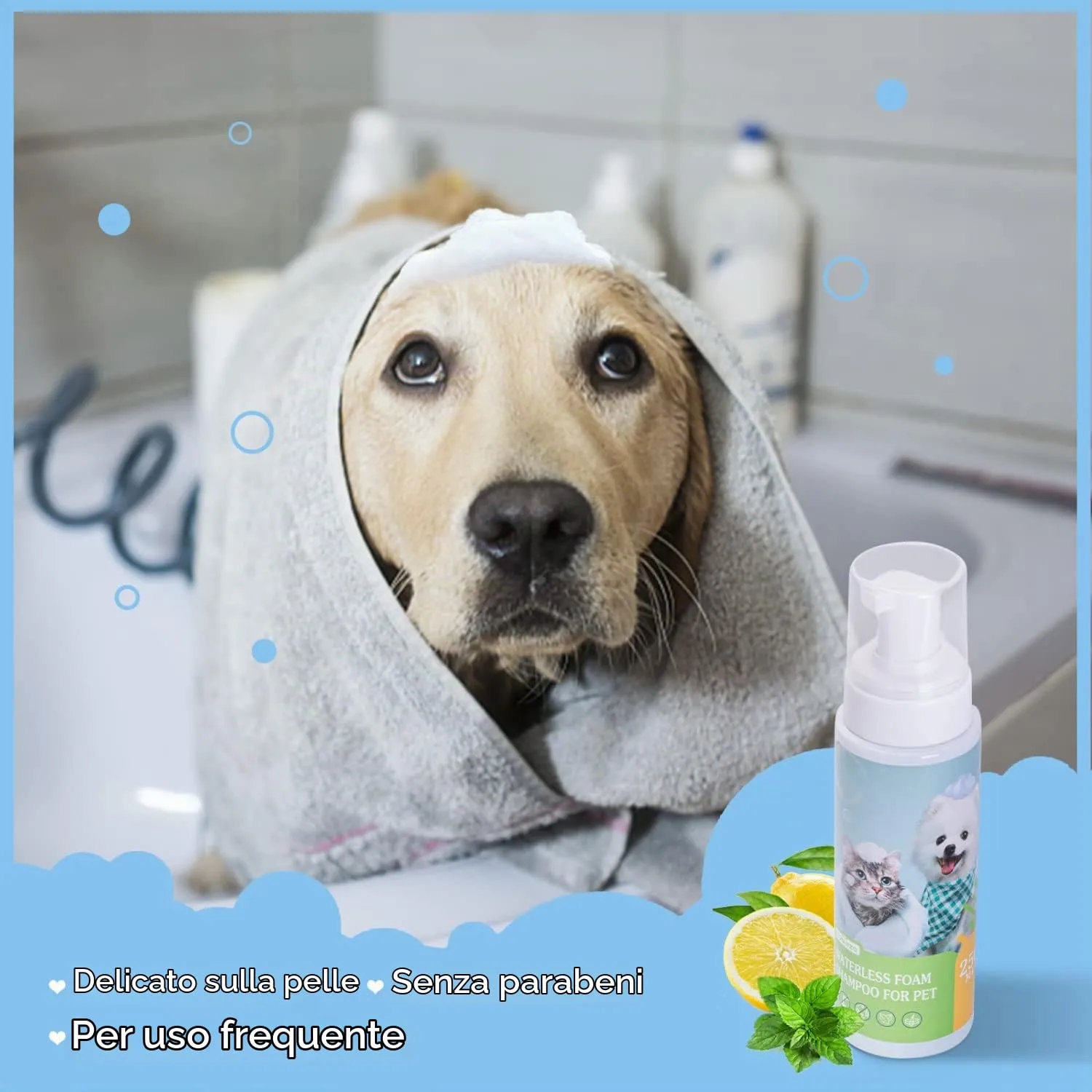 Nobleza Shampoo a Secco per Cani e Gatti e Coniglio,Adatto per Animali con Bassa Resistenza: Gattini,Cuccioli,Ipoallergenico Shampoo Mousse Al profumo di Limone e Vaniglia(250ml) - immagine 3