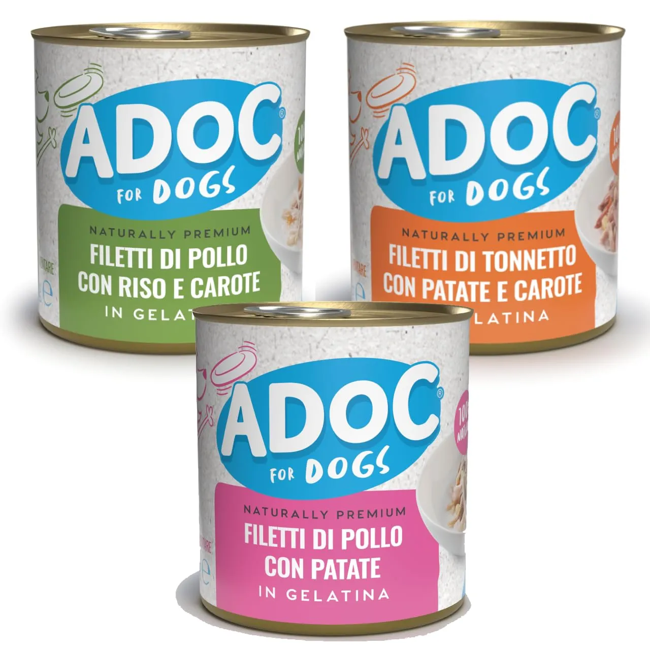 ADoC Dog Cibo Umido per Cani MIX 3 - Pollo con Riso e Carote - Tonnetto con Patate e Carote - Pollo con Patate - 16 Lattine da 285gr - immagine 1