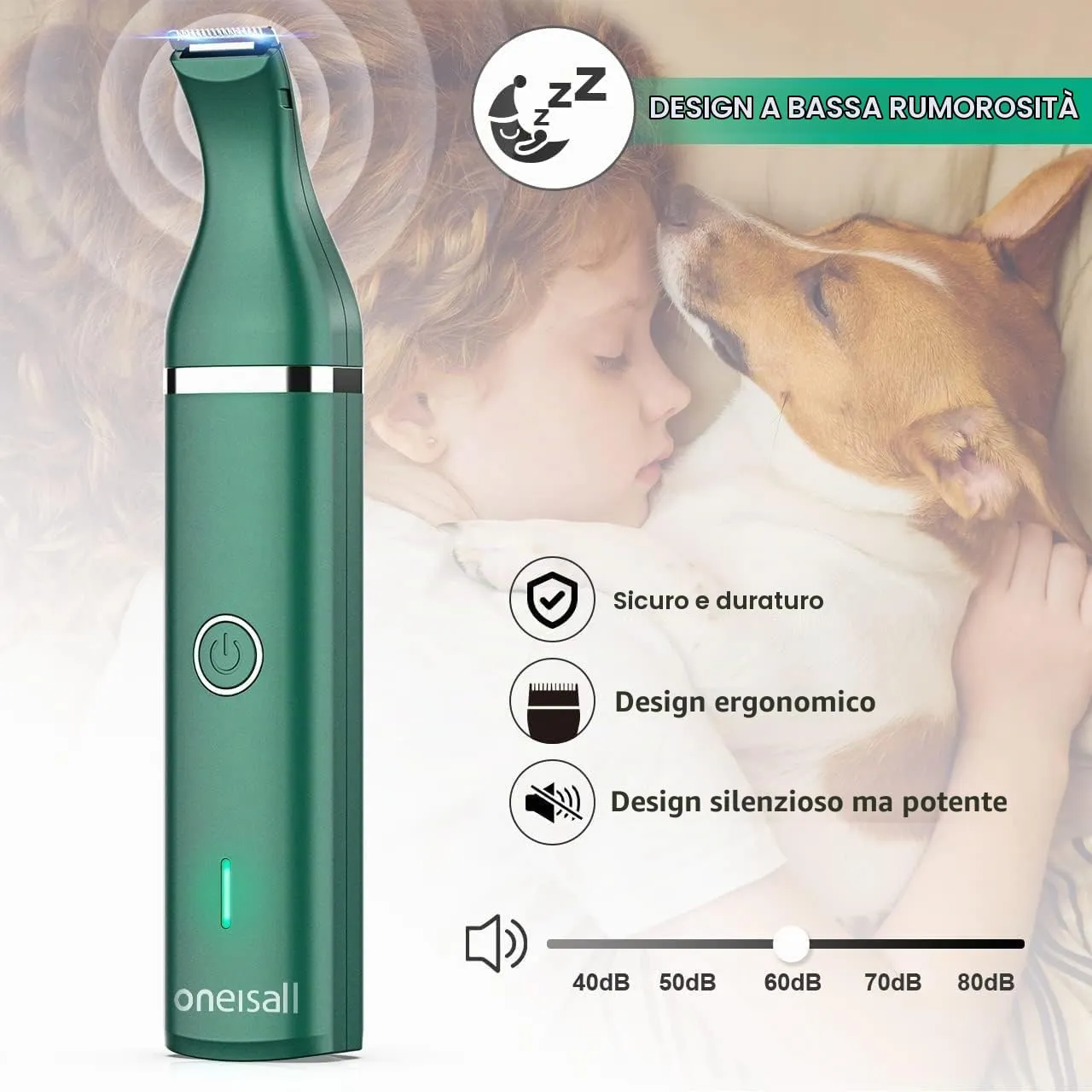 oneisall Tosatrice per cani Tosatrice a basso rumore Tosatrice per cani per gatti zampe, occhi, orecchie, viso, corpo (Verde) - immagine 2