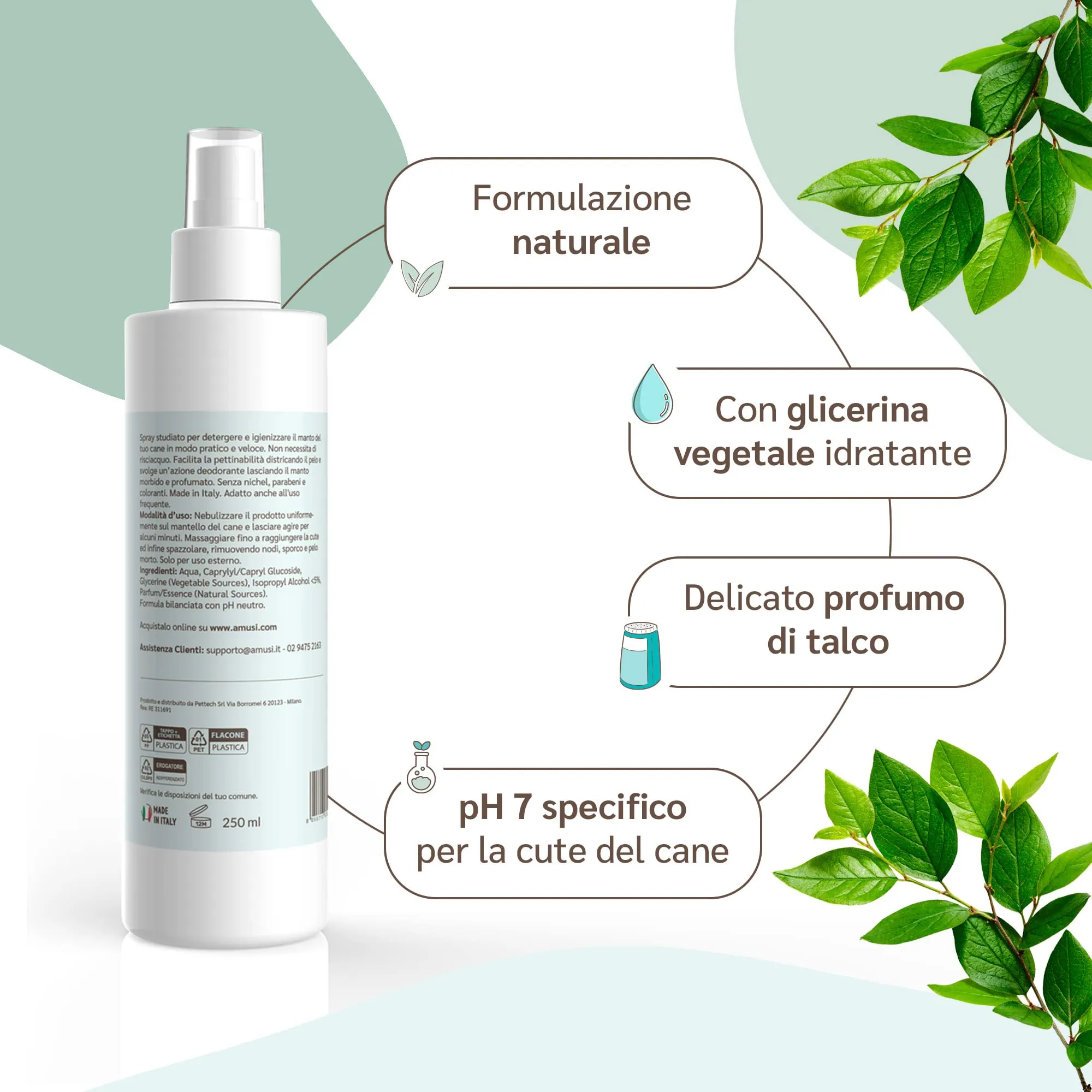 amusi Shampoo Secco per Cani 250ml Antiodore, Made in Italy 100% Naturale e Vegano | Shampoo Cane Spray Senza Risciacquo, Shampoo Per Cani Profumato Ipoallergenico, Balsamo Cani Pelo Lungo - immagine 2