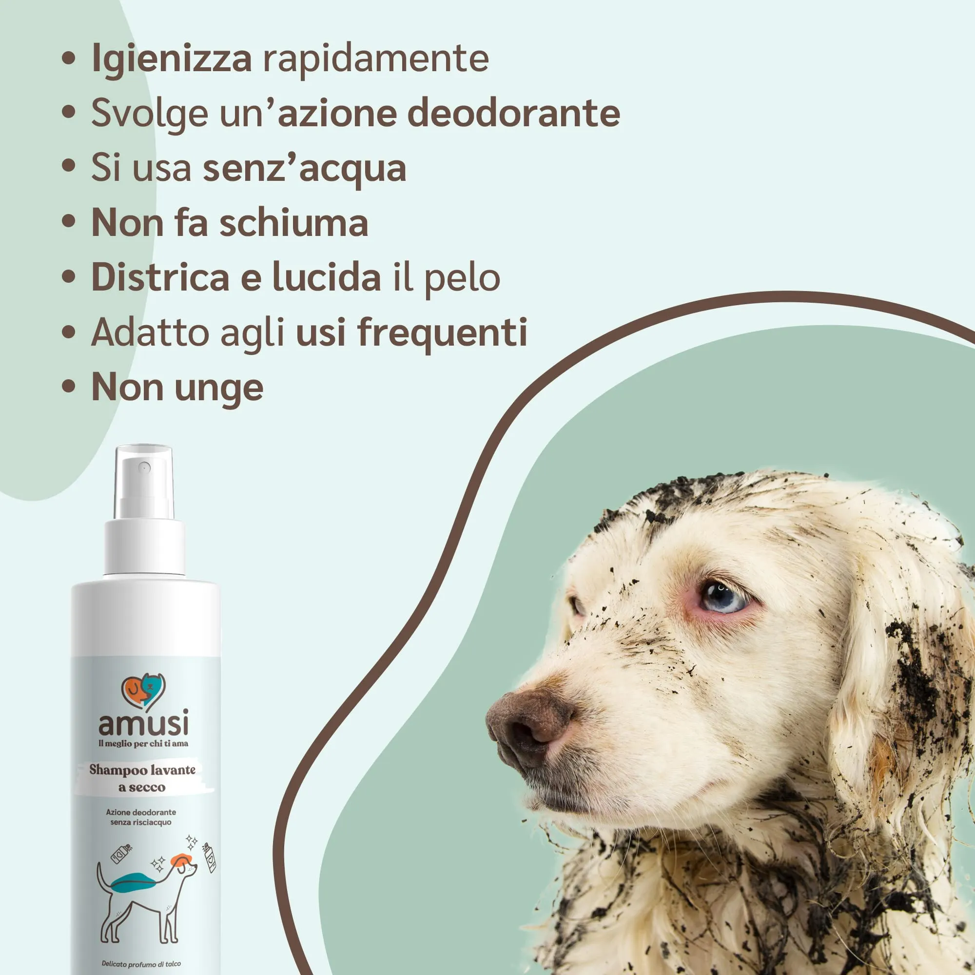 amusi Shampoo Secco per Cani 250ml Antiodore, Made in Italy 100% Naturale e Vegano | Shampoo Cane Spray Senza Risciacquo, Shampoo Per Cani Profumato Ipoallergenico, Balsamo Cani Pelo Lungo - immagine 3