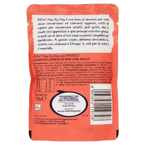 ADoC MIX Day by Day Dog Cane TAGLIA PICCOLA Manzo Pollo Coniglio Vitello e Ortaggi - 24 Buste da 100gr - immagine 3