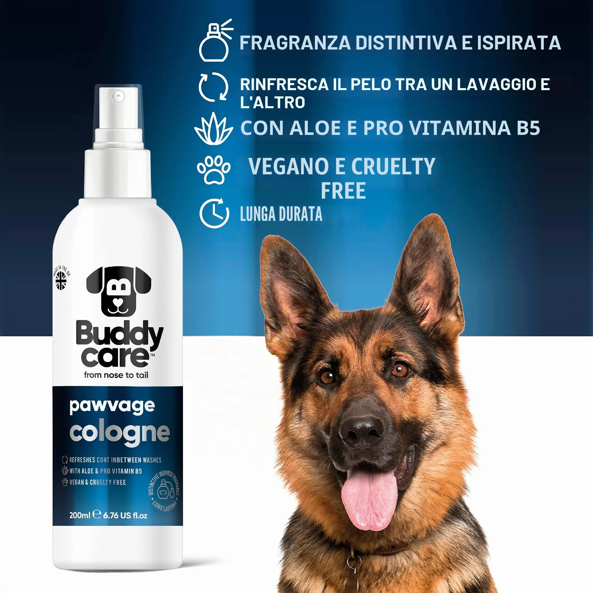 Buddycare Colonia per cani - Colonia per cani dal profumo caratteristico e ispirato - Rinfresca tra un lavaggio e l'altro del cane, Pawvage, 200 ml (confezione da 1) - immagine 2