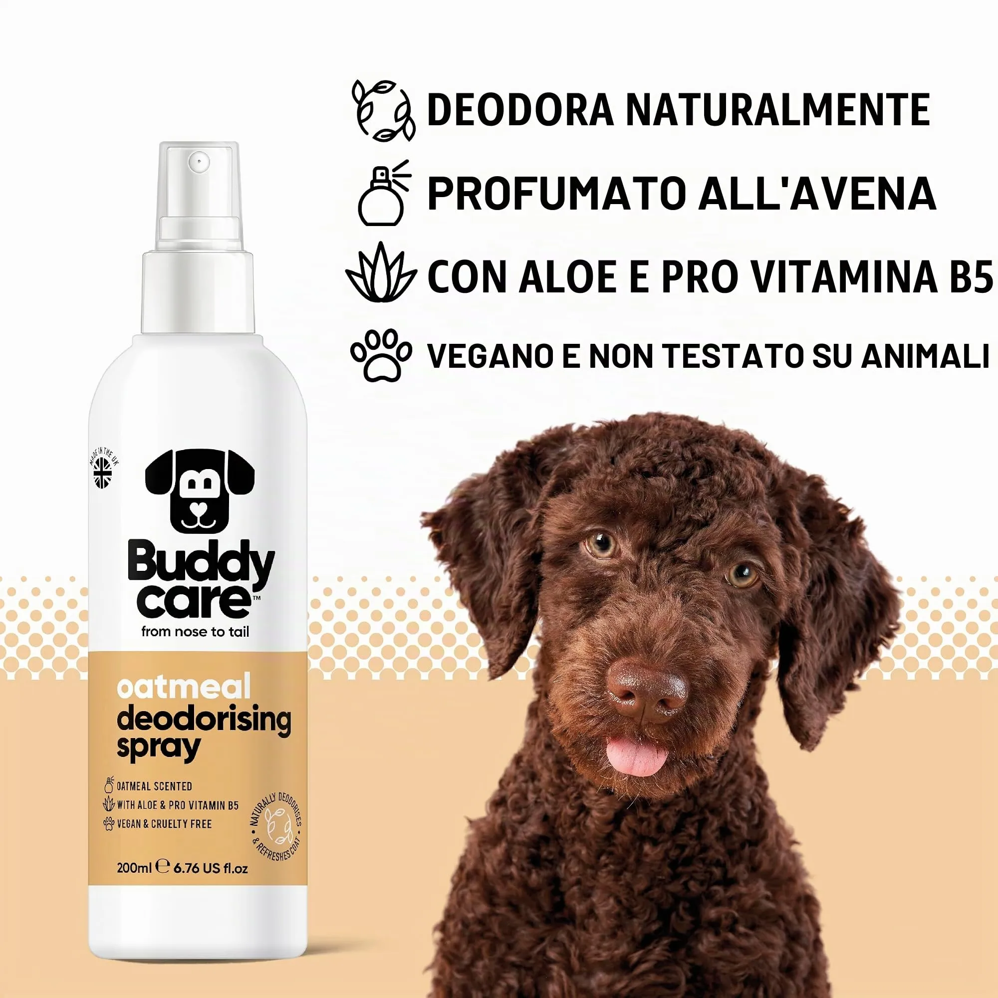 Buddycare Spray Deodorante per Cani - Spray Deodorante Lenitivo per Cani - Con Aloe Vera e Pro Vitamina B5, Fiocchi d'avena, 200 ml (confezione da 1) - immagine 2