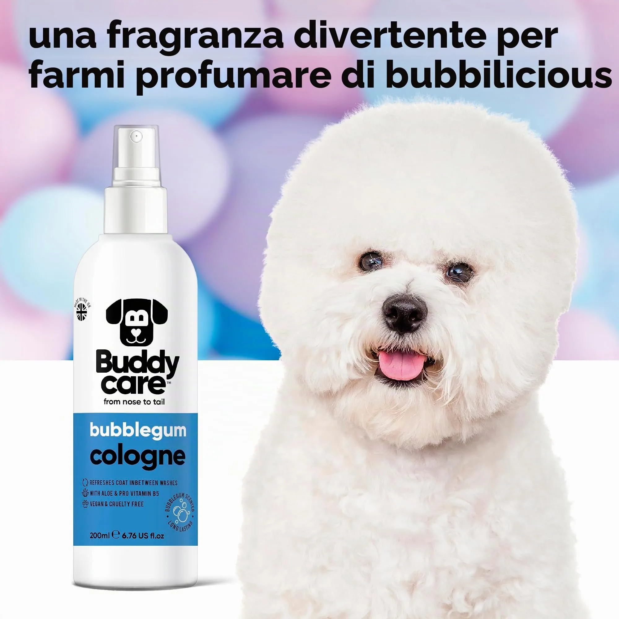 Buddycare Colonia per cani - Colonia per cani profumata dolce e giocosa - Rinfresca tra i lavaggi del cane, Gomma da masticare, 200 ml (confezione da 1) - immagine 3