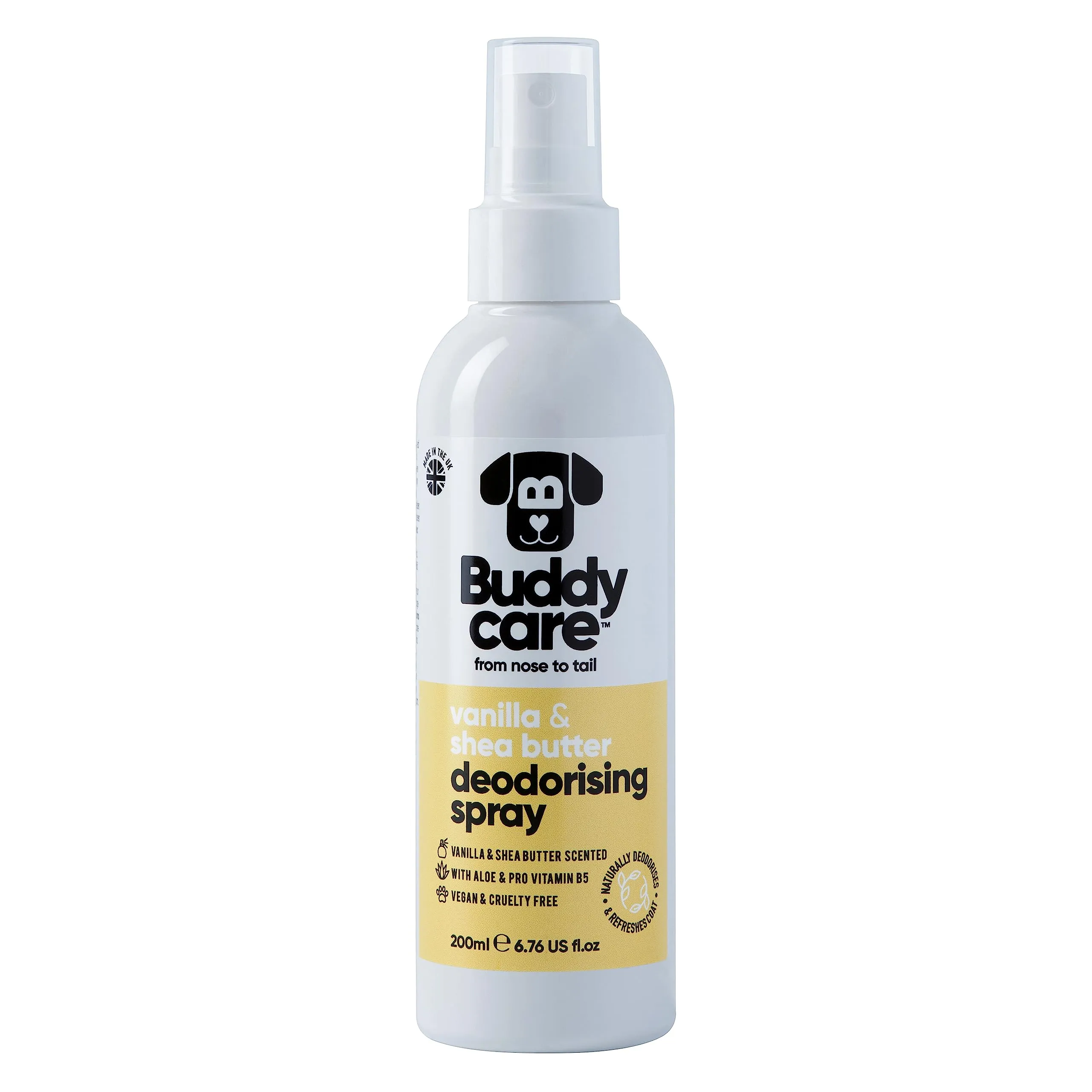 Buddycare Spray Deodorante per Cani - Spray Deodorante Dolce e Nutriente per Cani - Con Aloe Vera e Pro Vitamina B5, Vaniglia & Burro Di Karitè, 200 ml (confezione da 1) - immagine 1