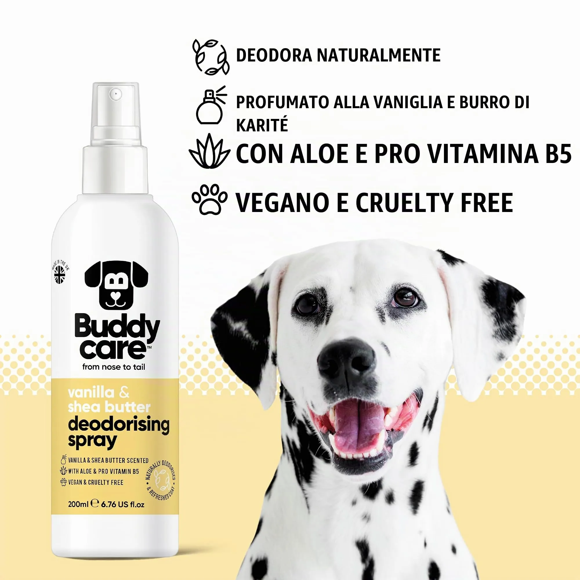 Buddycare Spray Deodorante per Cani - Spray Deodorante Dolce e Nutriente per Cani - Con Aloe Vera e Pro Vitamina B5, Vaniglia & Burro Di Karitè, 200 ml (confezione da 1) - immagine 2