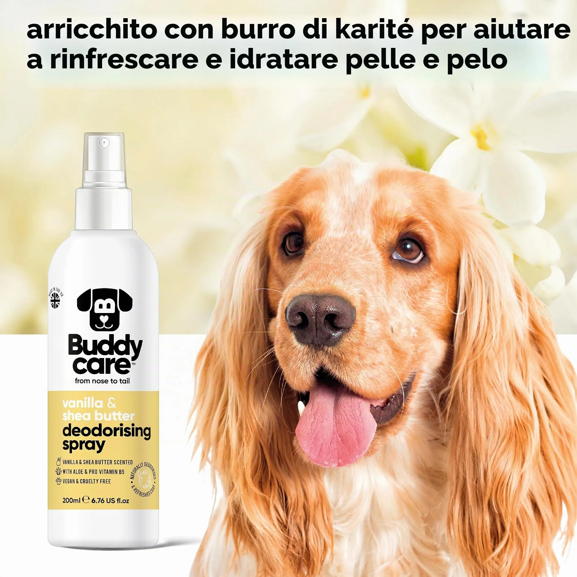 Buddycare Spray Deodorante per Cani - Spray Deodorante Dolce e Nutriente per Cani - Con Aloe Vera e Pro Vitamina B5, Vaniglia & Burro Di Karitè, 200 ml (confezione da 1) - immagine 3