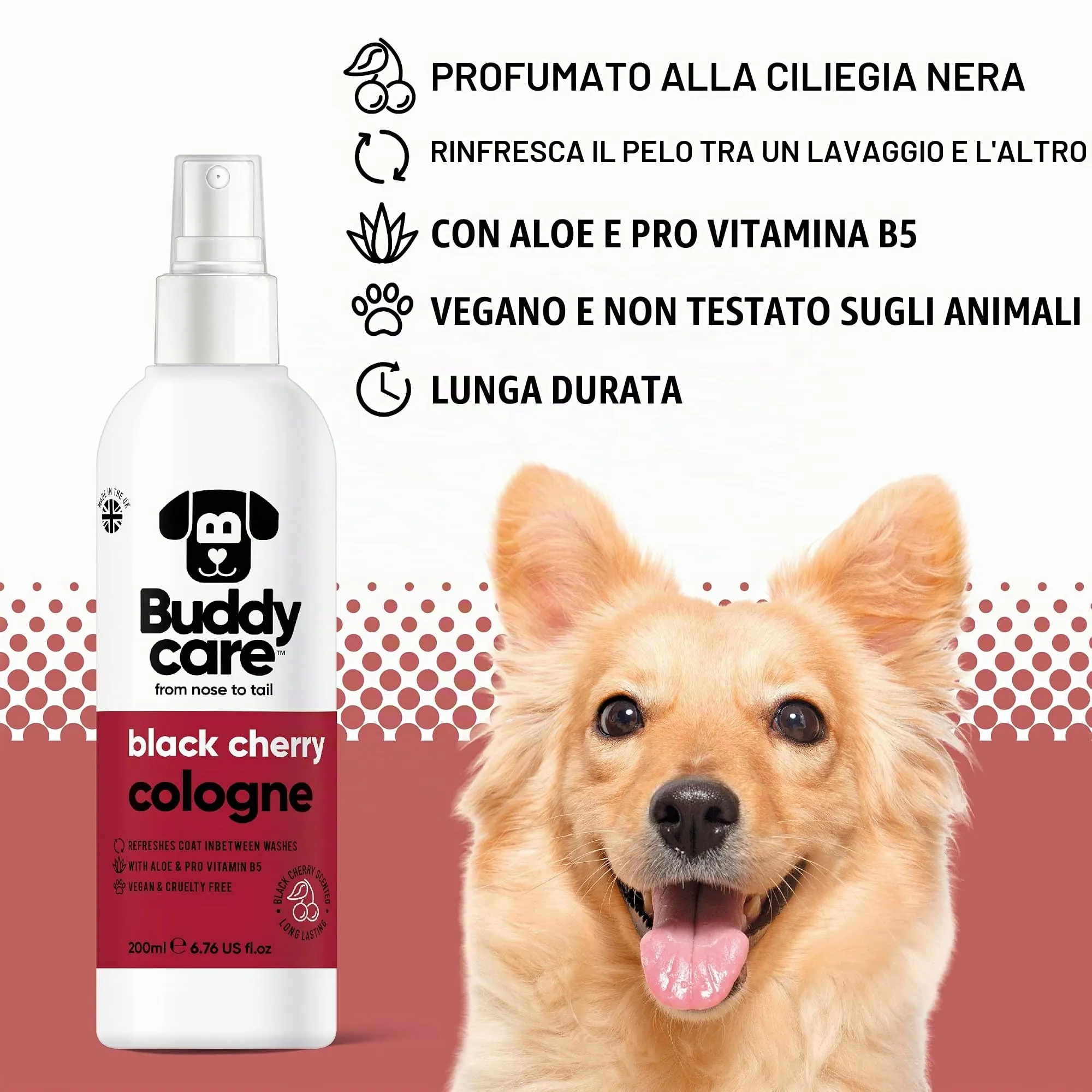 Buddycare Colonia per cani - Colonia per cani dal profumo fruttato e audace - Rinfresca tra i lavaggi del cane, Amarena, 200 ml (confezione da 1) - immagine 2