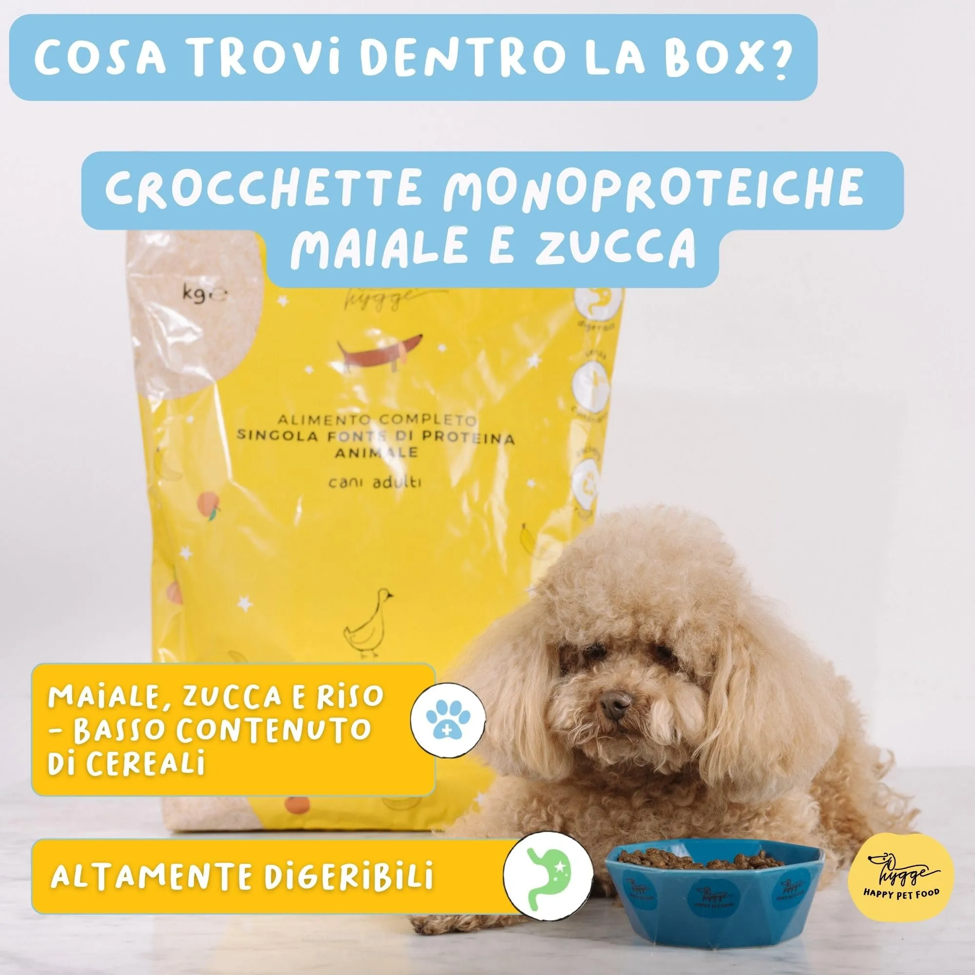 Hygge Dog BAU BOX PROVAMI - 800gr Crocchette per Cani monoproteiche maiale - 400gr Cibo Umido Cane senza Cereali Maiale Finocchietto - 3X Biscotti Cane Routine Box e delizioso Integratore Manto - immagine 2