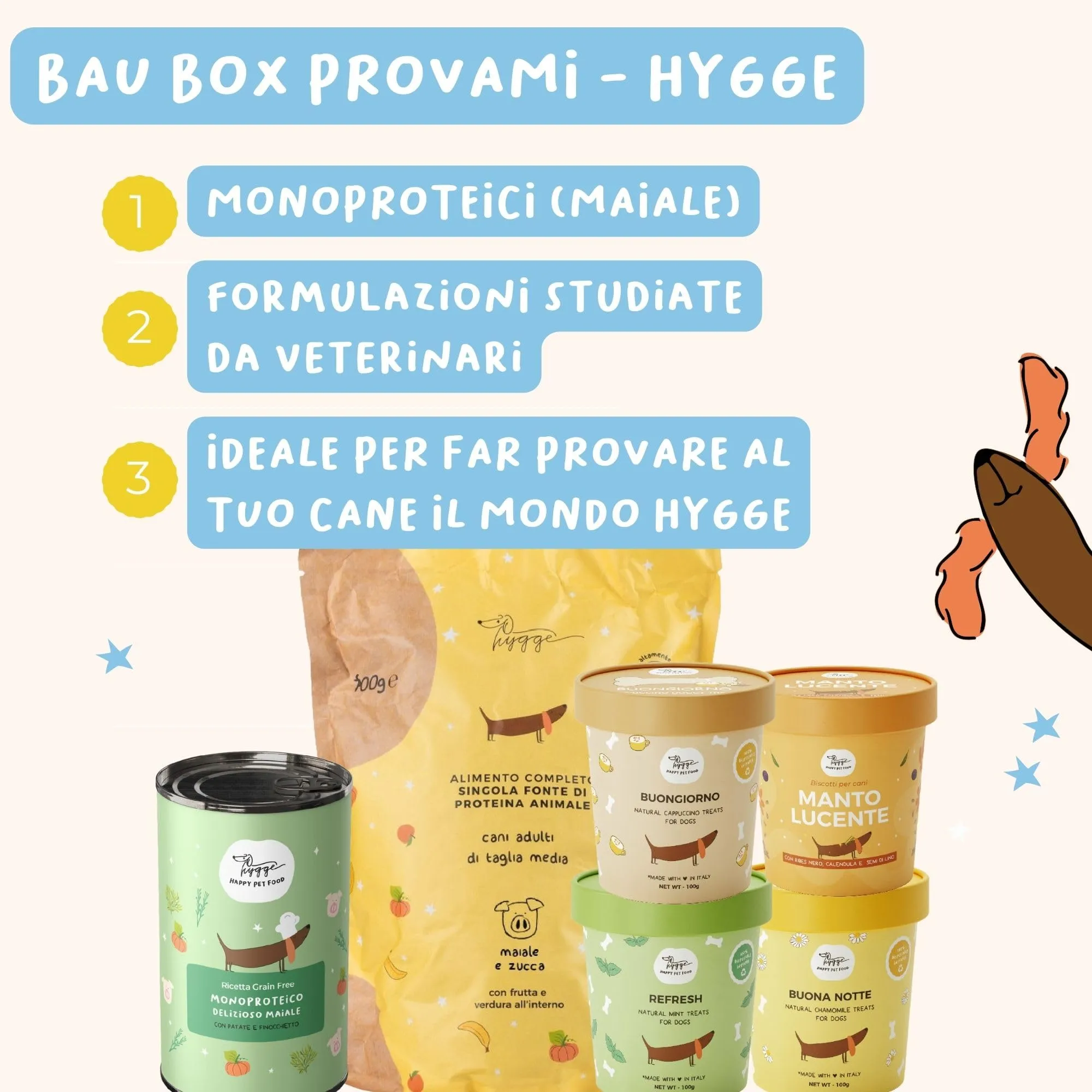 Hygge Dog BAU BOX PROVAMI - 800gr Crocchette per Cani monoproteiche maiale - 400gr Cibo Umido Cane senza Cereali Maiale Finocchietto - 3X Biscotti Cane Routine Box e delizioso Integratore Manto - immagine 7