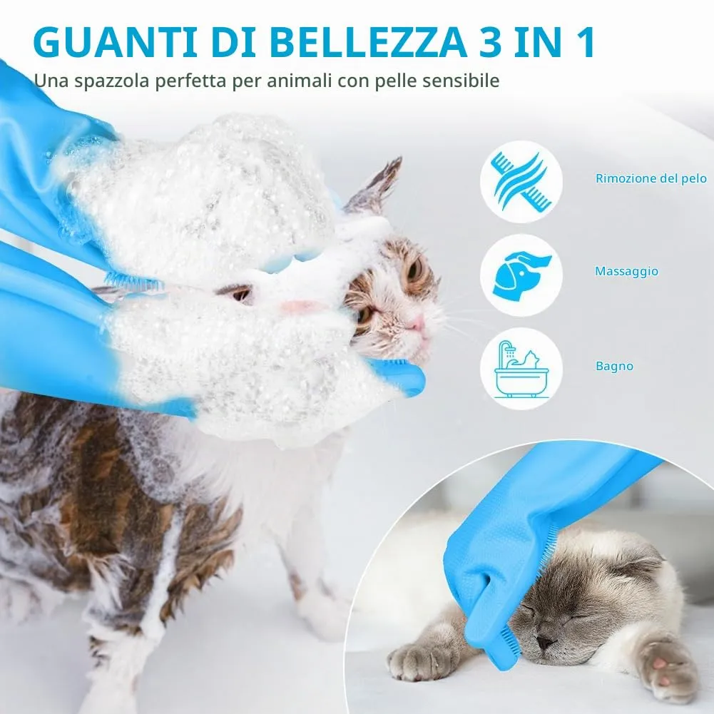 AMFUN Guanti da Toelettatura per Animali Domestici, Guanti da Bagno in Morbido Silicone con Spazzola A Setole Morbide per Cani Gatti Coniglio, Blu, 22*18*1.7cm - immagine 4