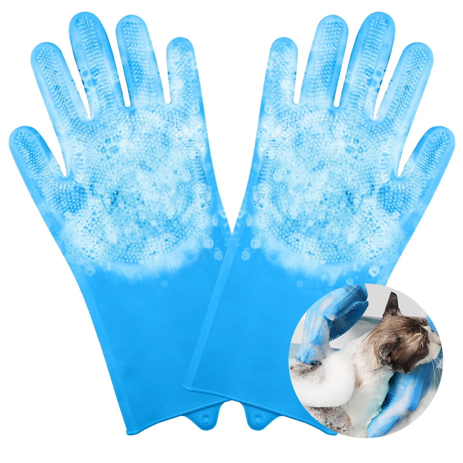 AMFUN Guanti da Toelettatura per Animali Domestici, Guanti da Bagno in Morbido Silicone con Spazzola A Setole Morbide per Cani Gatti Coniglio, Blu, 22*18*1.7cm - immagine 9