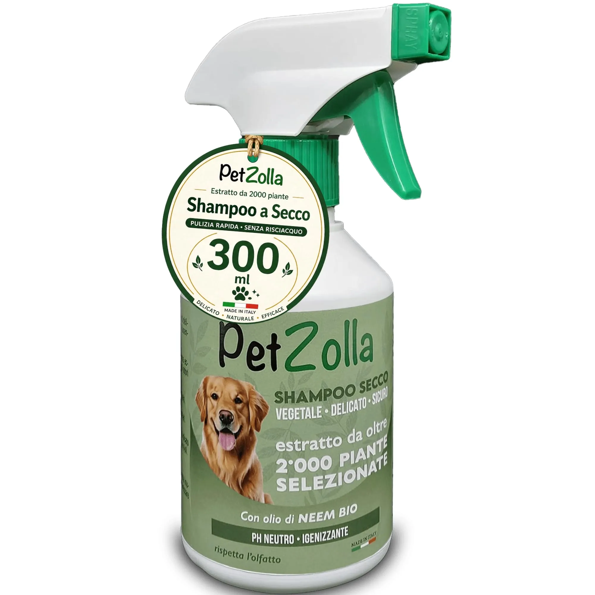 Shampoo secco per cani senza risciacquo 300 ml Idrata e igienizza, Shampoo a secco per cani naturale con olio di neem, argan e timo, sicuro anche per cuccioli - Made in Italy - immagine 1