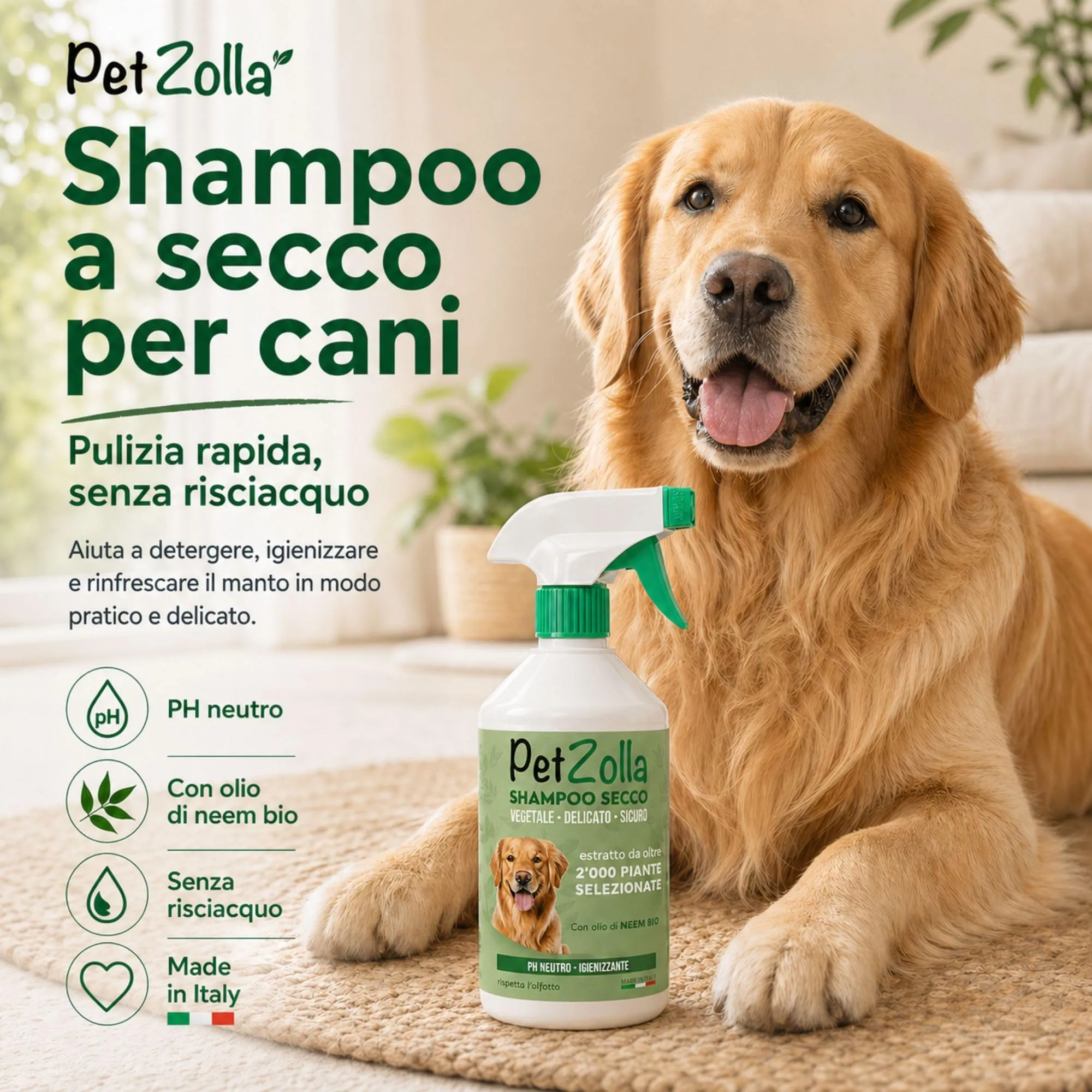 Shampoo secco per cani senza risciacquo 300 ml Idrata e igienizza, Shampoo a secco per cani naturale con olio di neem, argan e timo, sicuro anche per cuccioli - Made in Italy - immagine 2