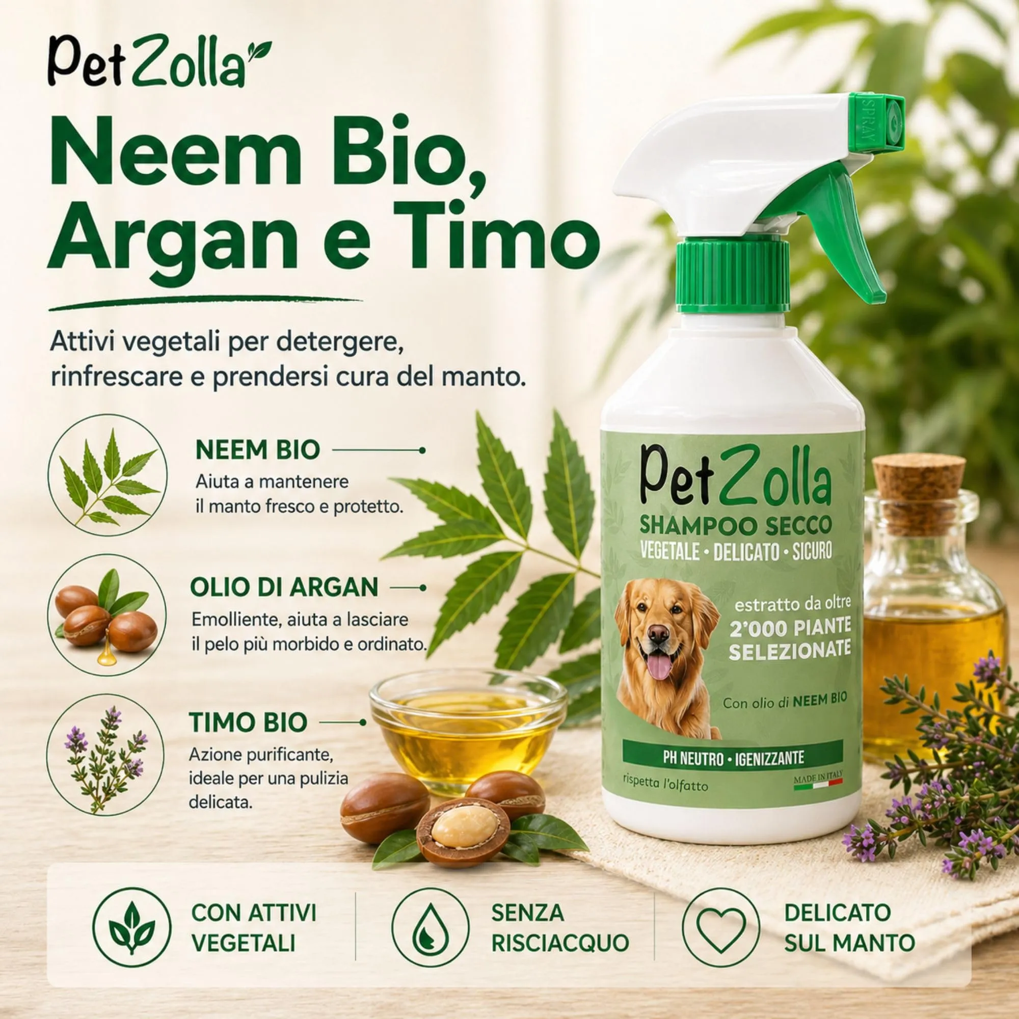 Shampoo secco per cani senza risciacquo 300 ml Idrata e igienizza, Shampoo a secco per cani naturale con olio di neem, argan e timo, sicuro anche per cuccioli - Made in Italy - immagine 3