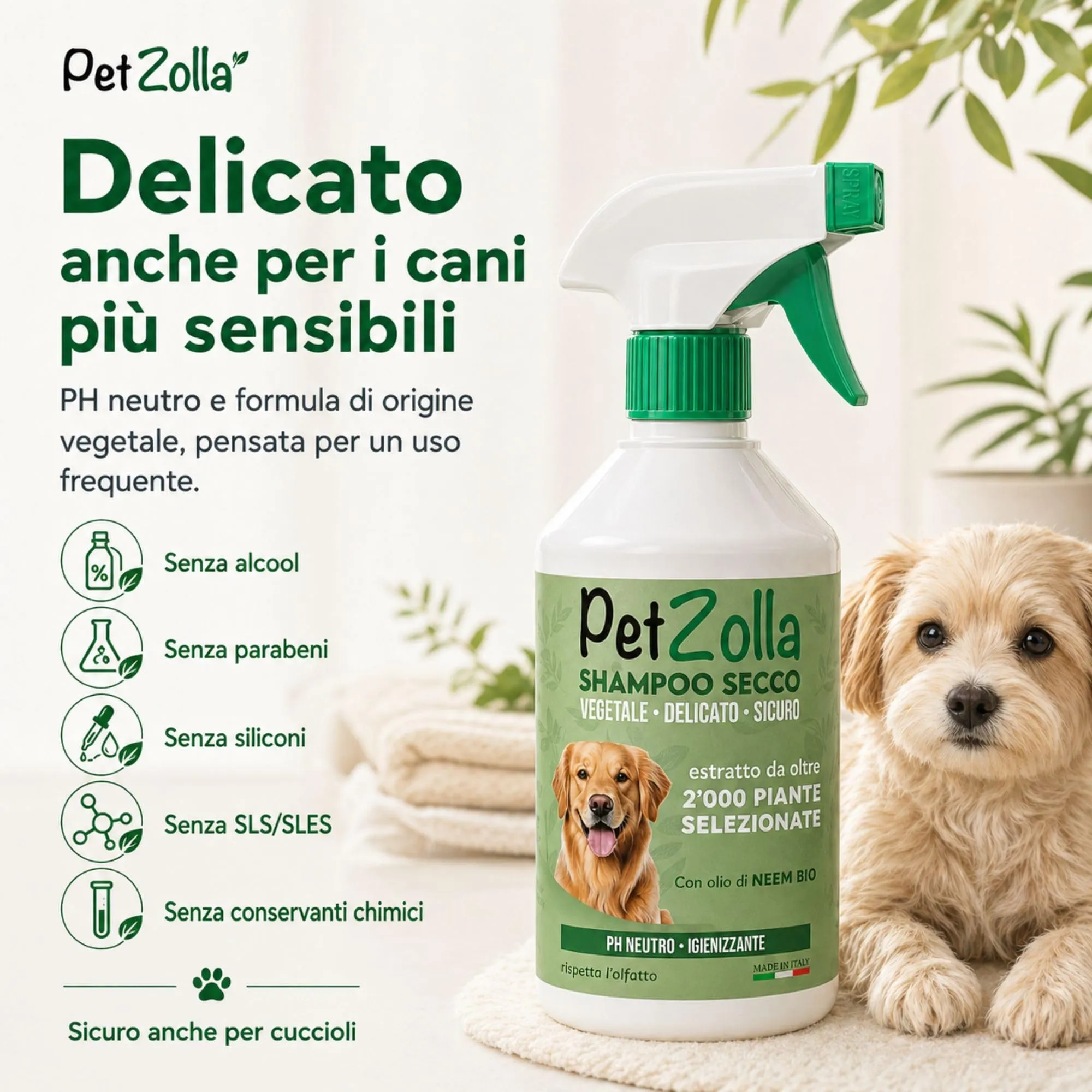 Shampoo secco per cani senza risciacquo 300 ml Idrata e igienizza, Shampoo a secco per cani naturale con olio di neem, argan e timo, sicuro anche per cuccioli - Made in Italy - immagine 5