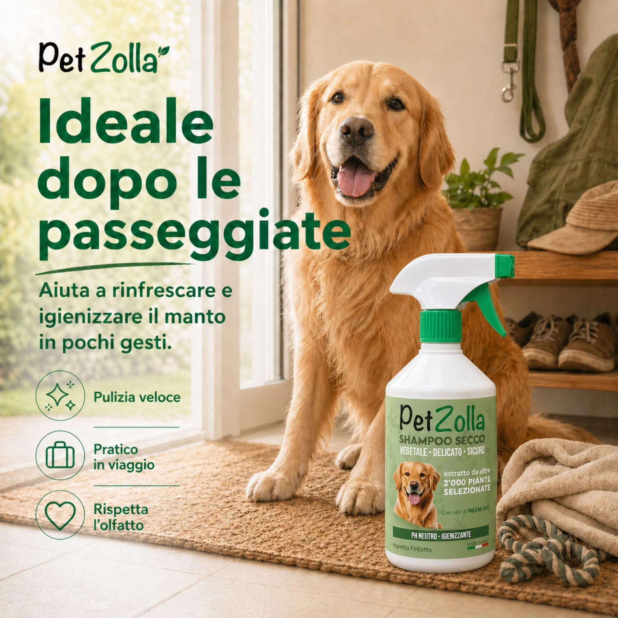 Shampoo secco per cani senza risciacquo 300 ml Idrata e igienizza, Shampoo a secco per cani naturale con olio di neem, argan e timo, sicuro anche per cuccioli - Made in Italy - immagine 6